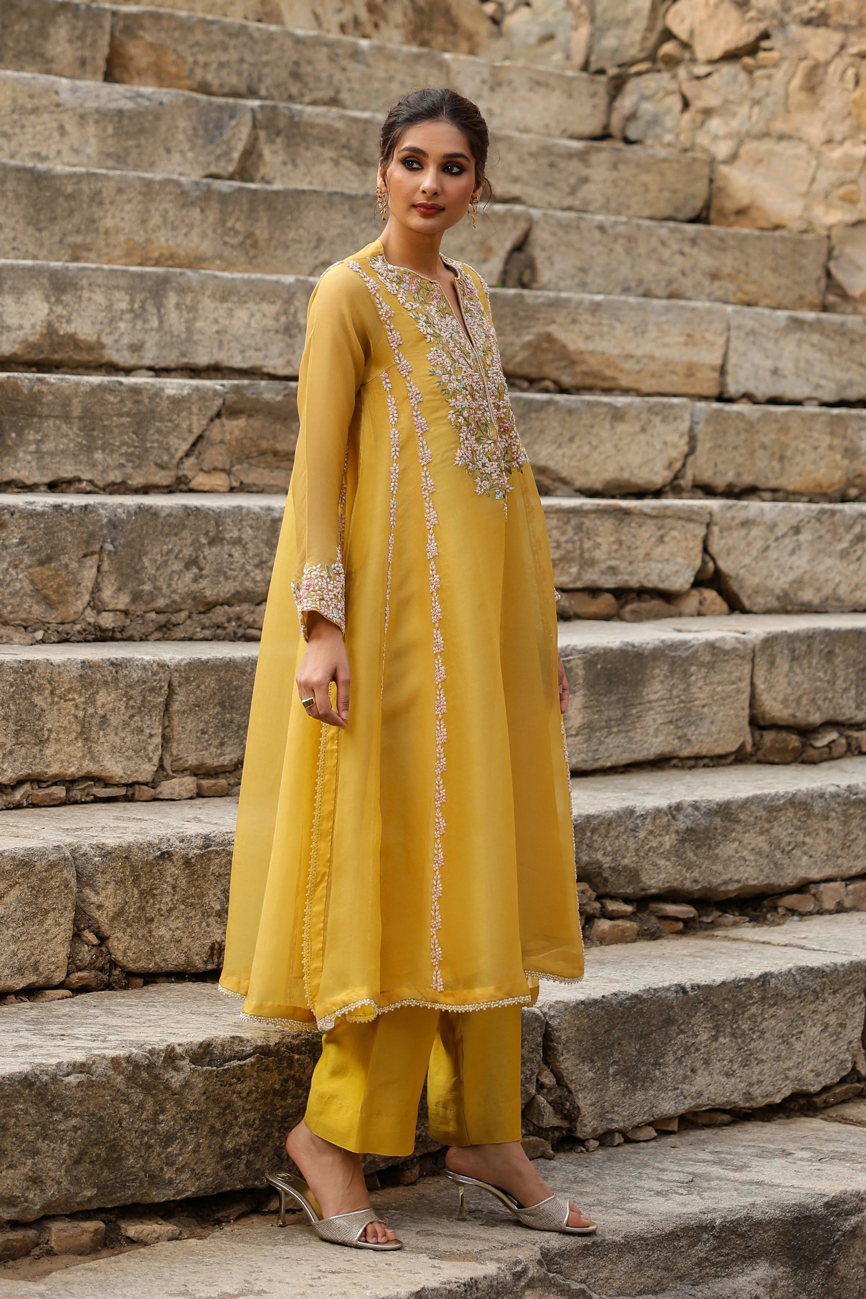 Vaayu Yellow Heavy Pheran Kurta Set