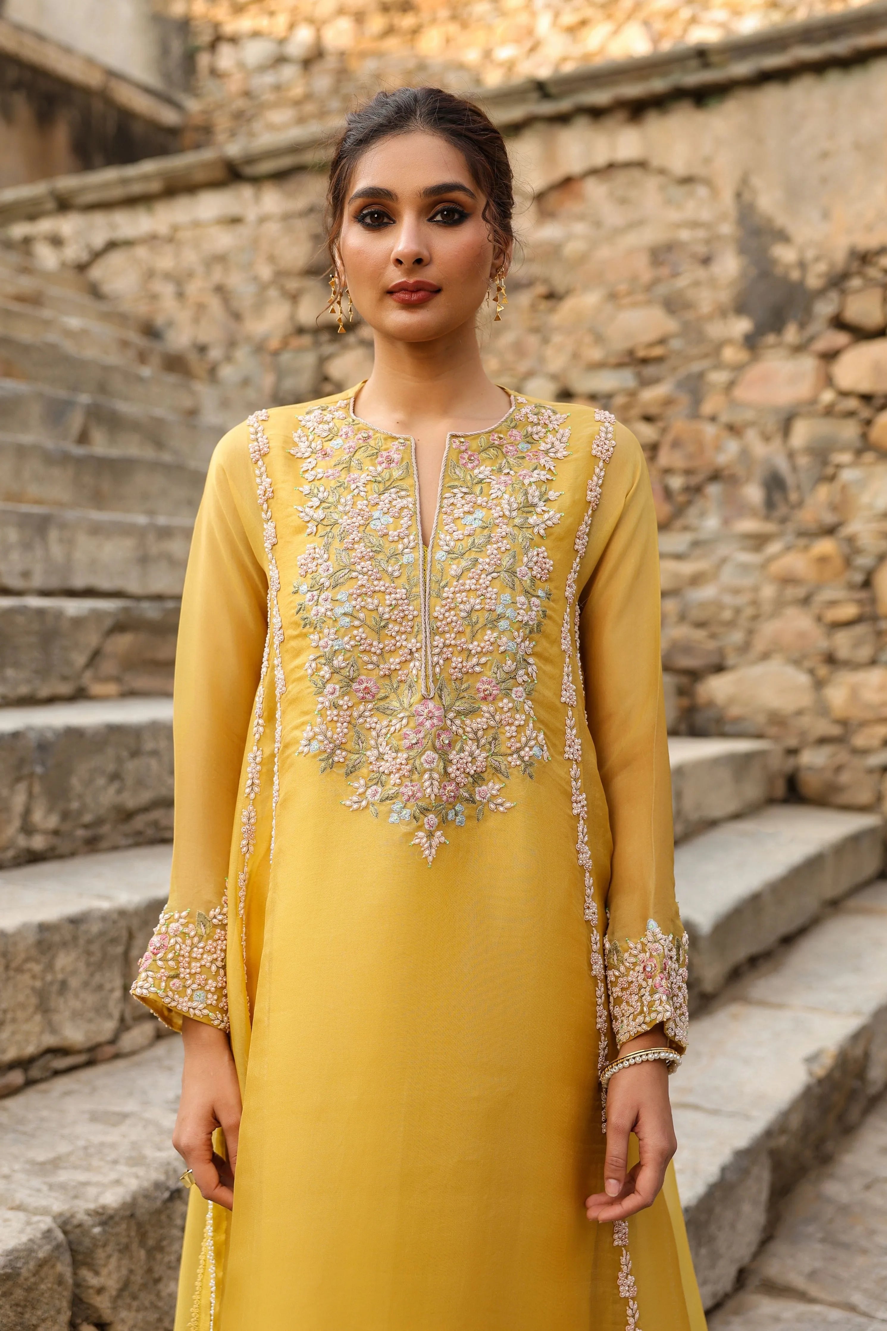 Vaayu Yellow Heavy Pheran Kurta Set