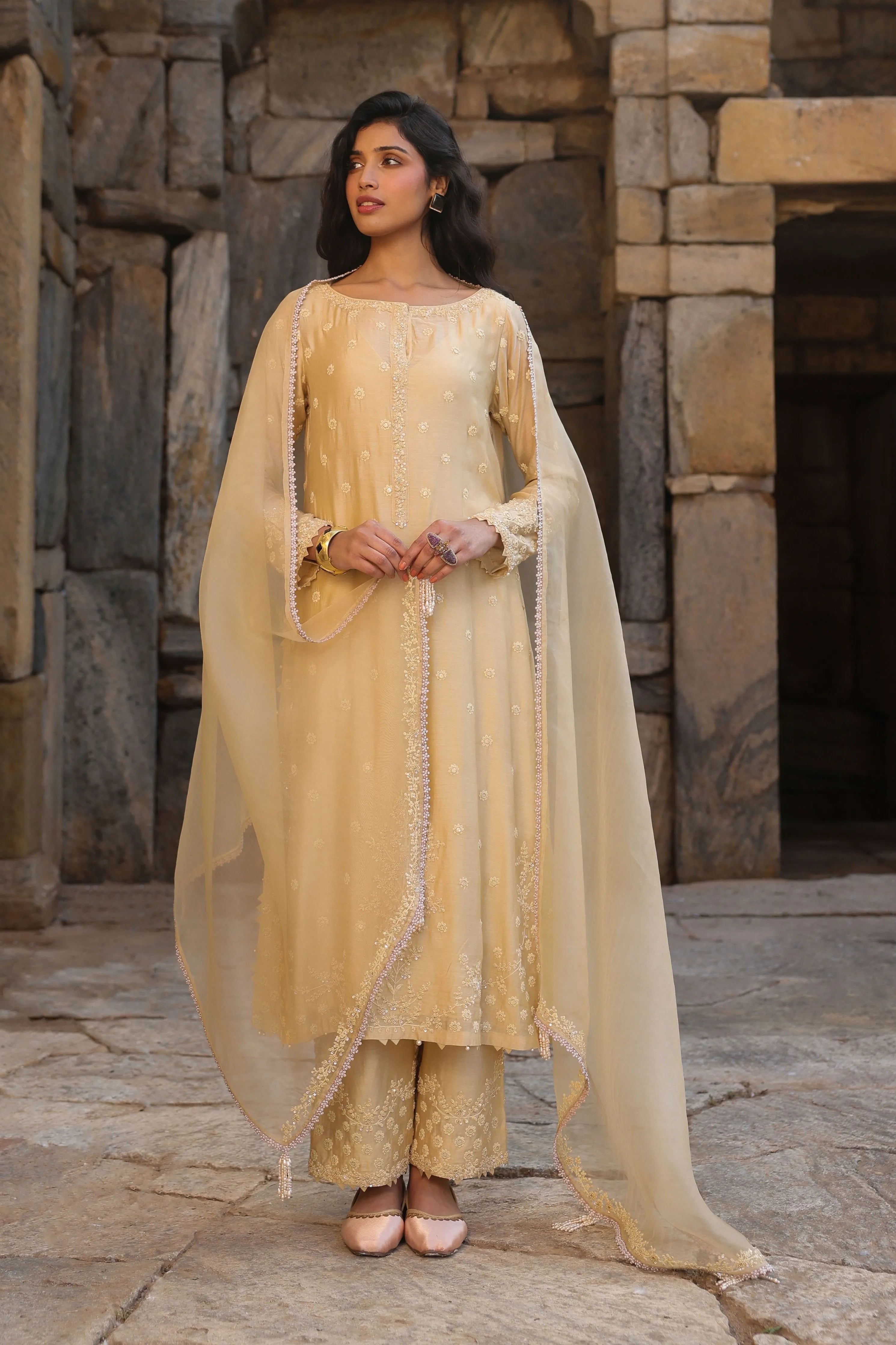 Vaayu Beige Light Buti Kurta Set