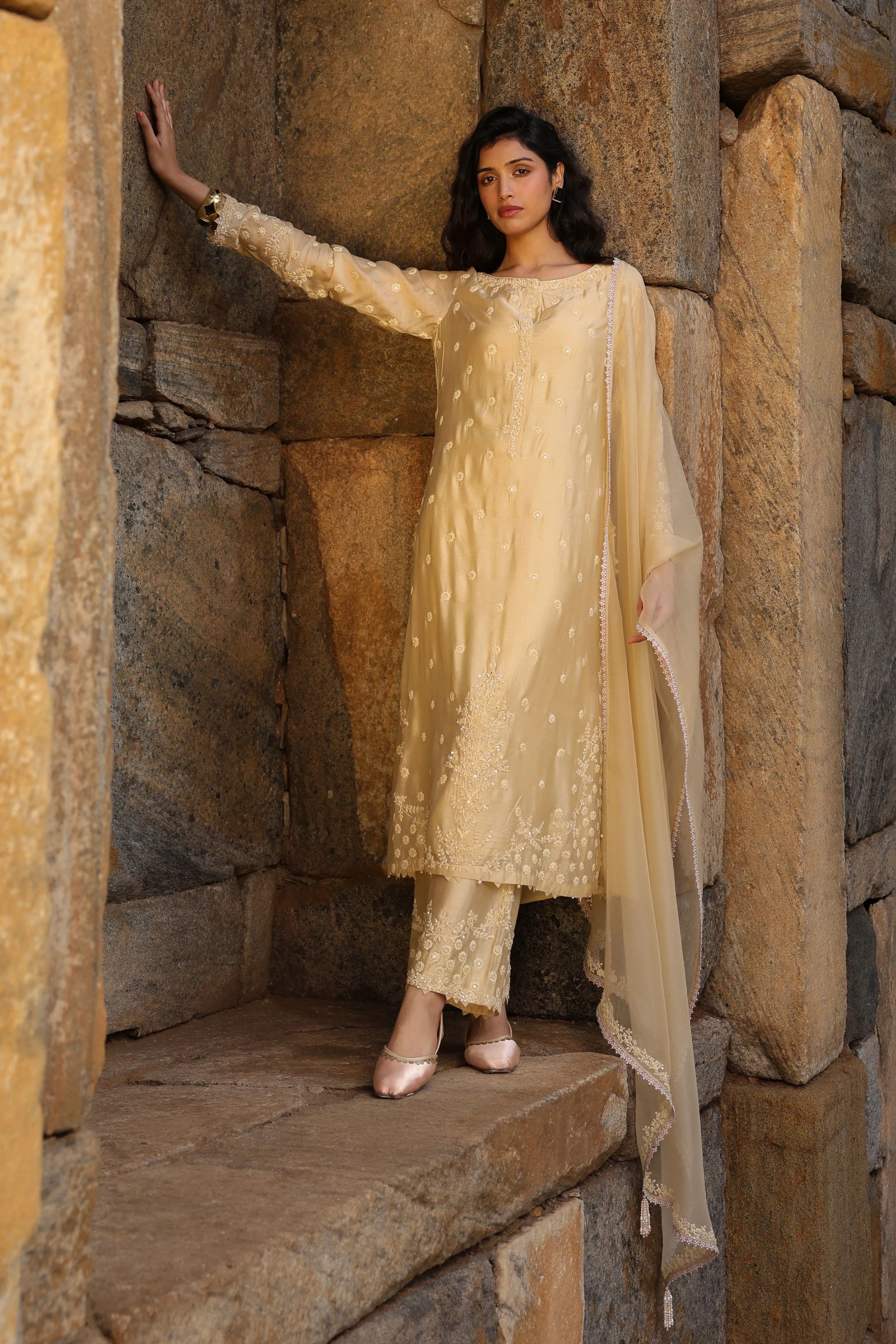 Vaayu Beige Light Buti Kurta Set