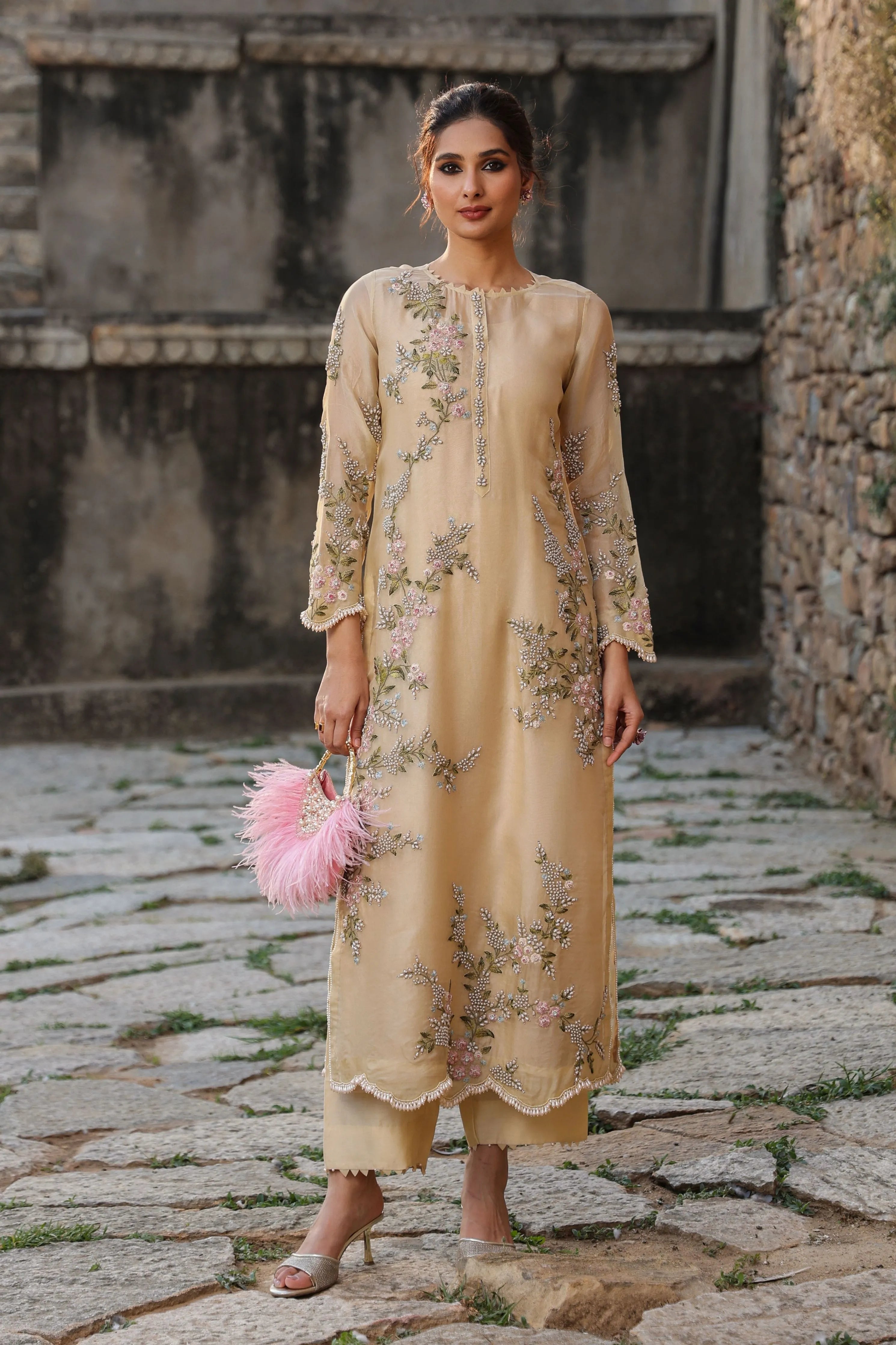 Vaayu Beige Multicolor Jaal Kurta Set