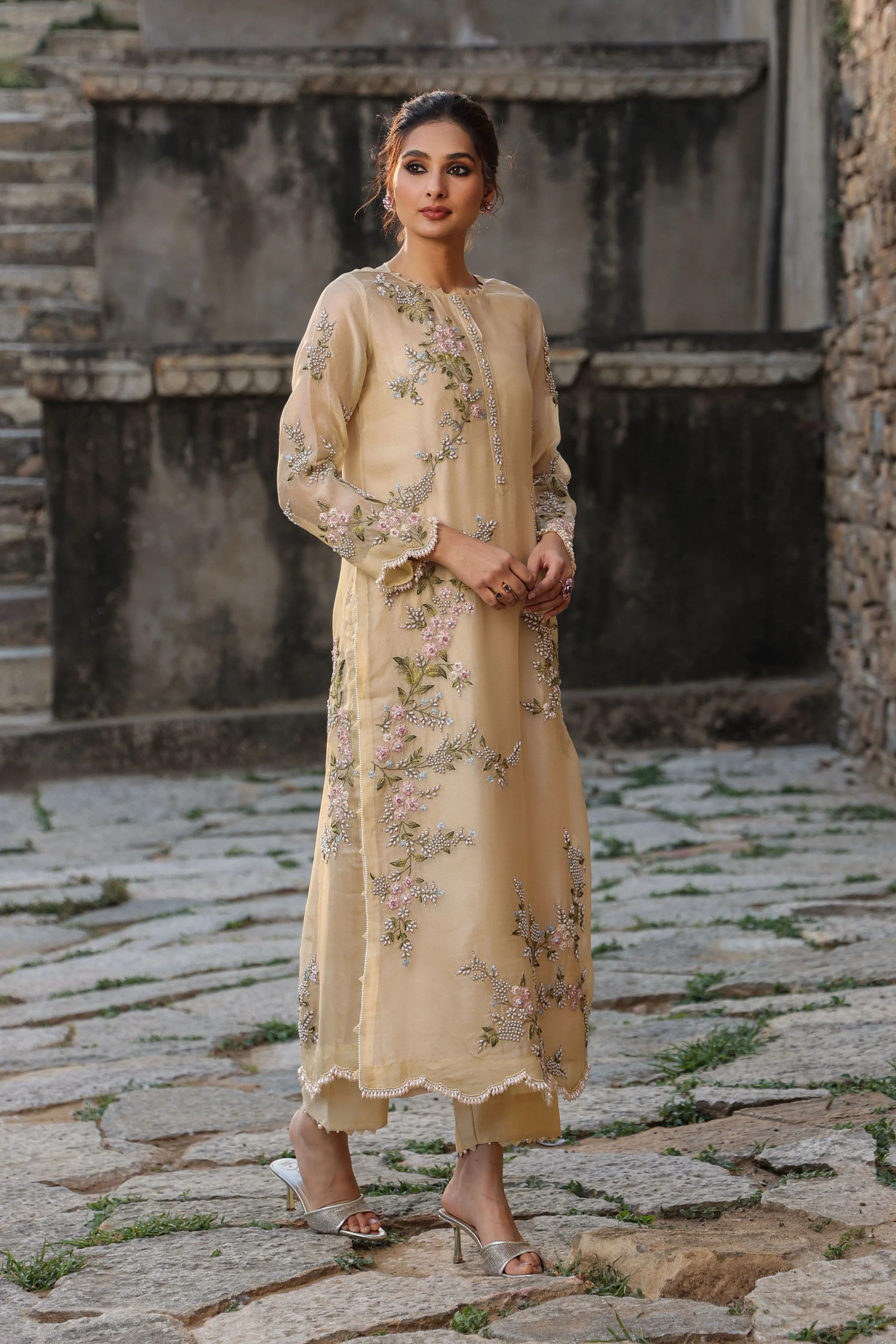 Vaayu Beige Multicolor Jaal Kurta Set