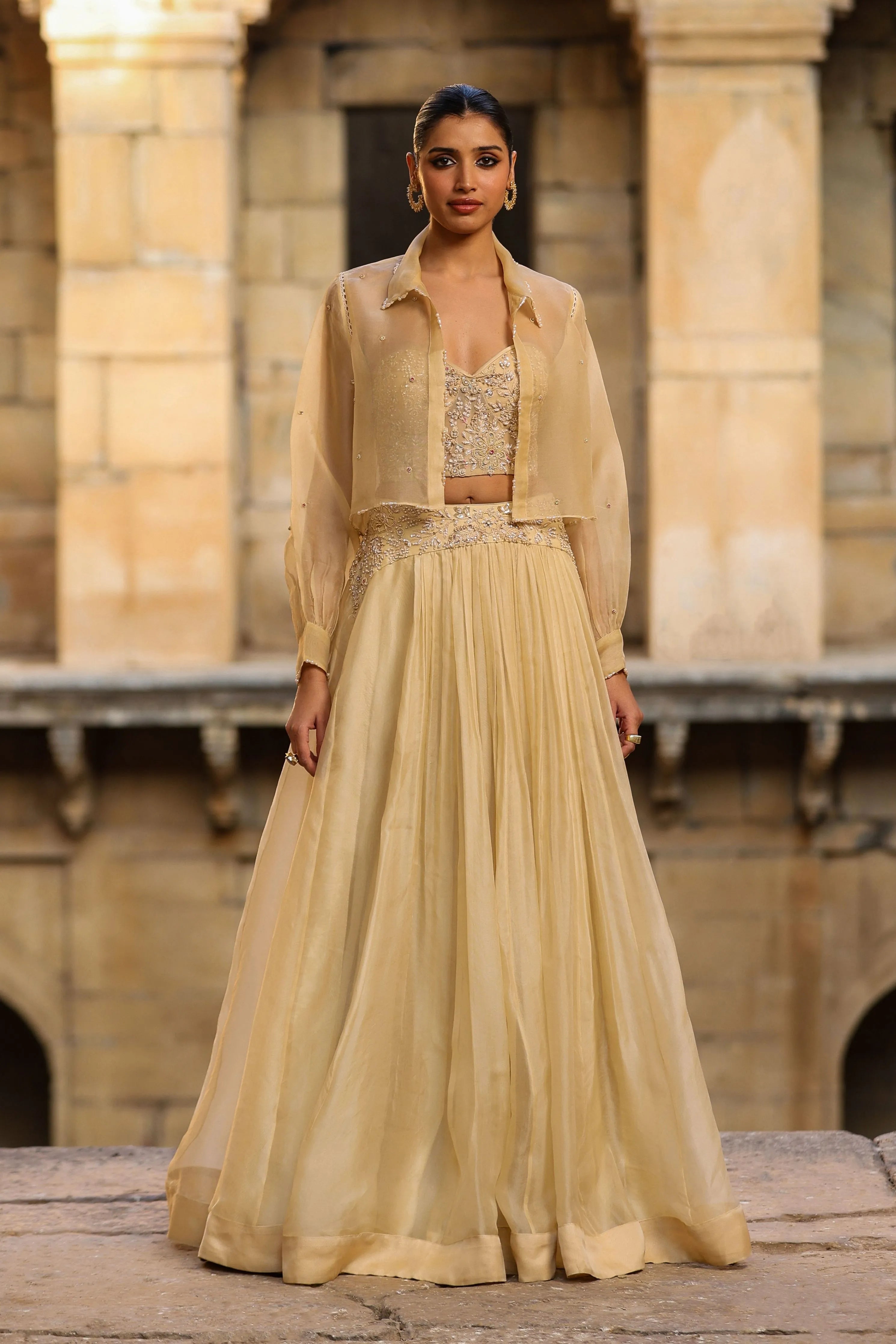 Vaayu Beige Jacket Lehenga Set