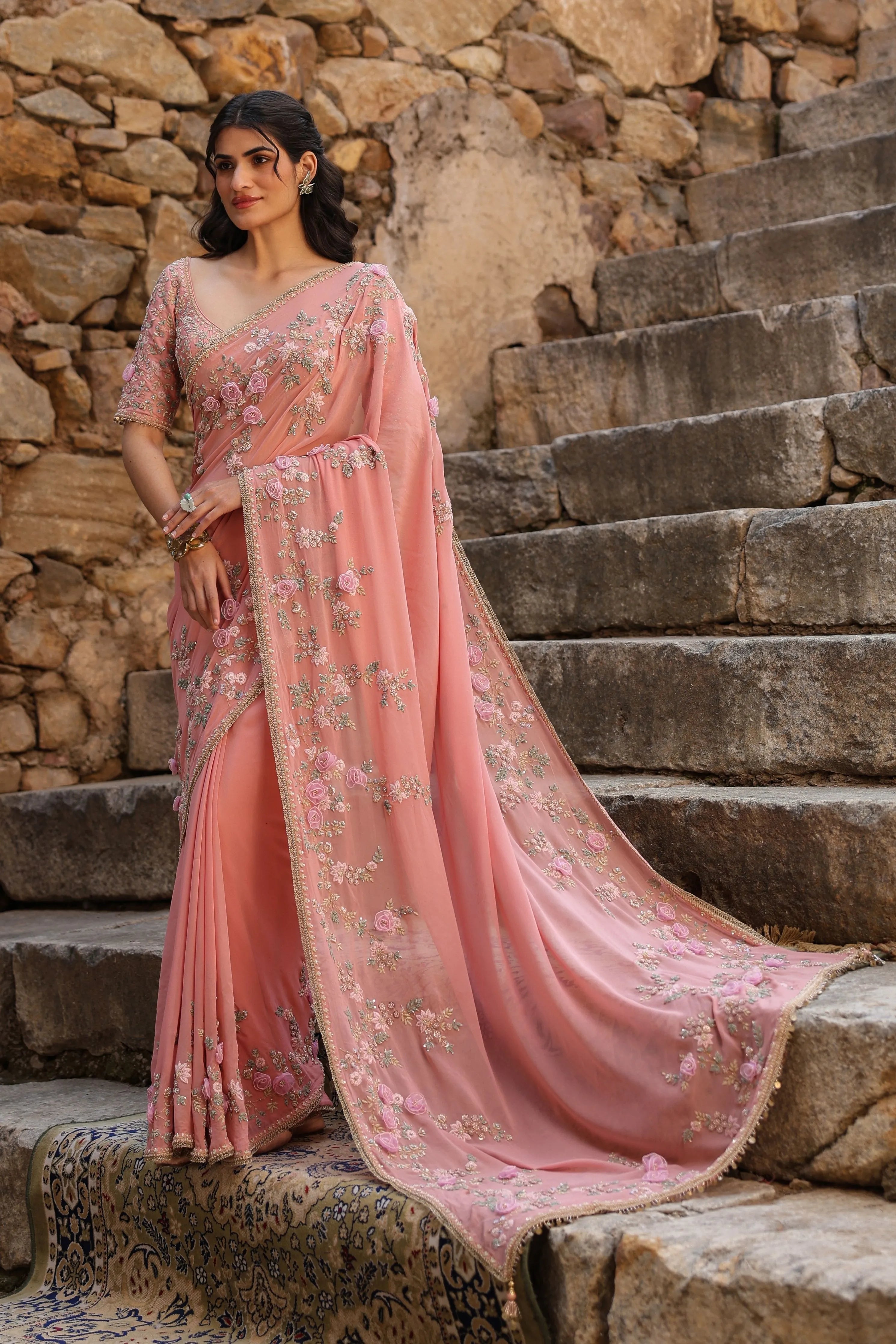 Vaayu Pink Jaal Saree Set