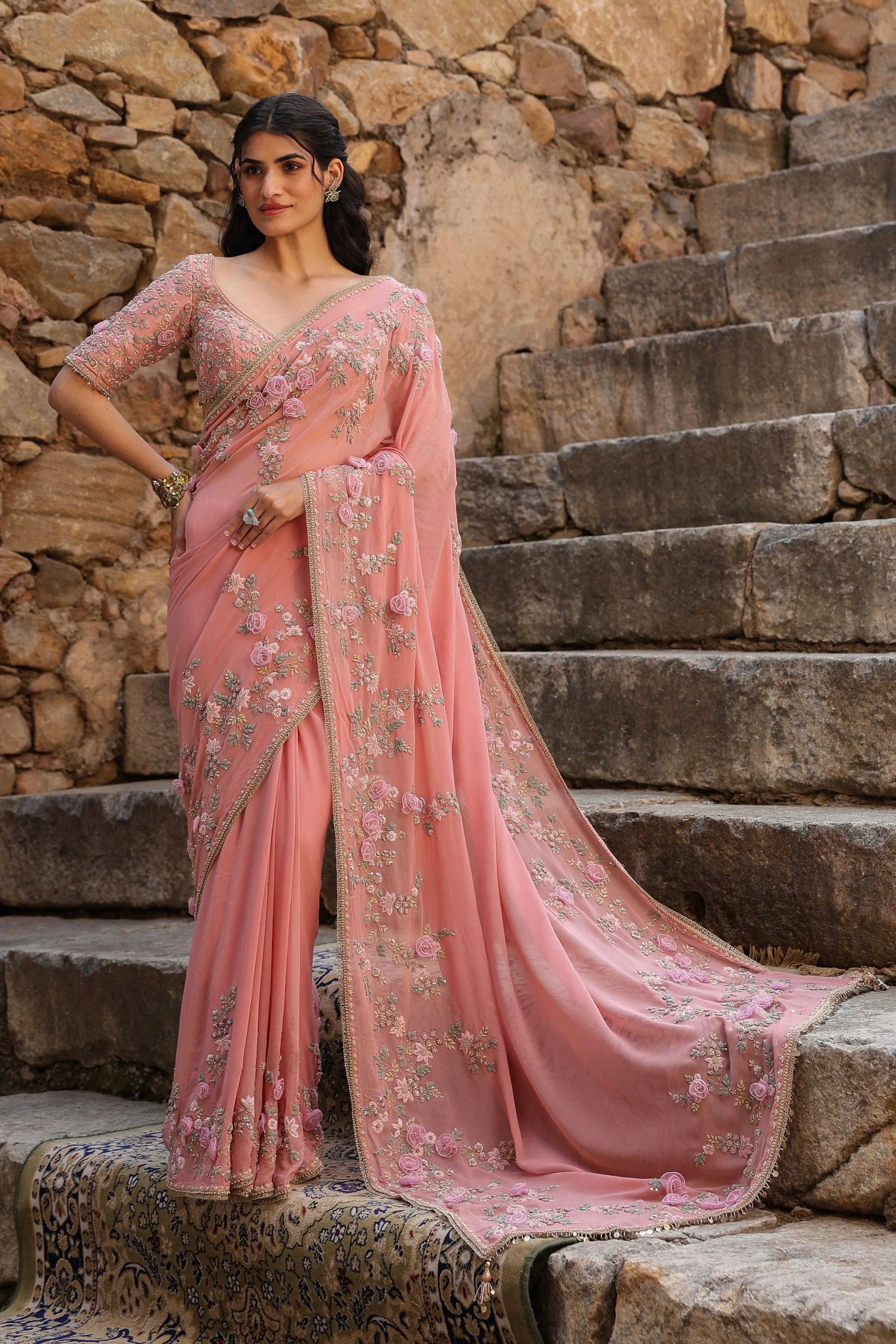 Vaayu Pink Jaal Saree Set