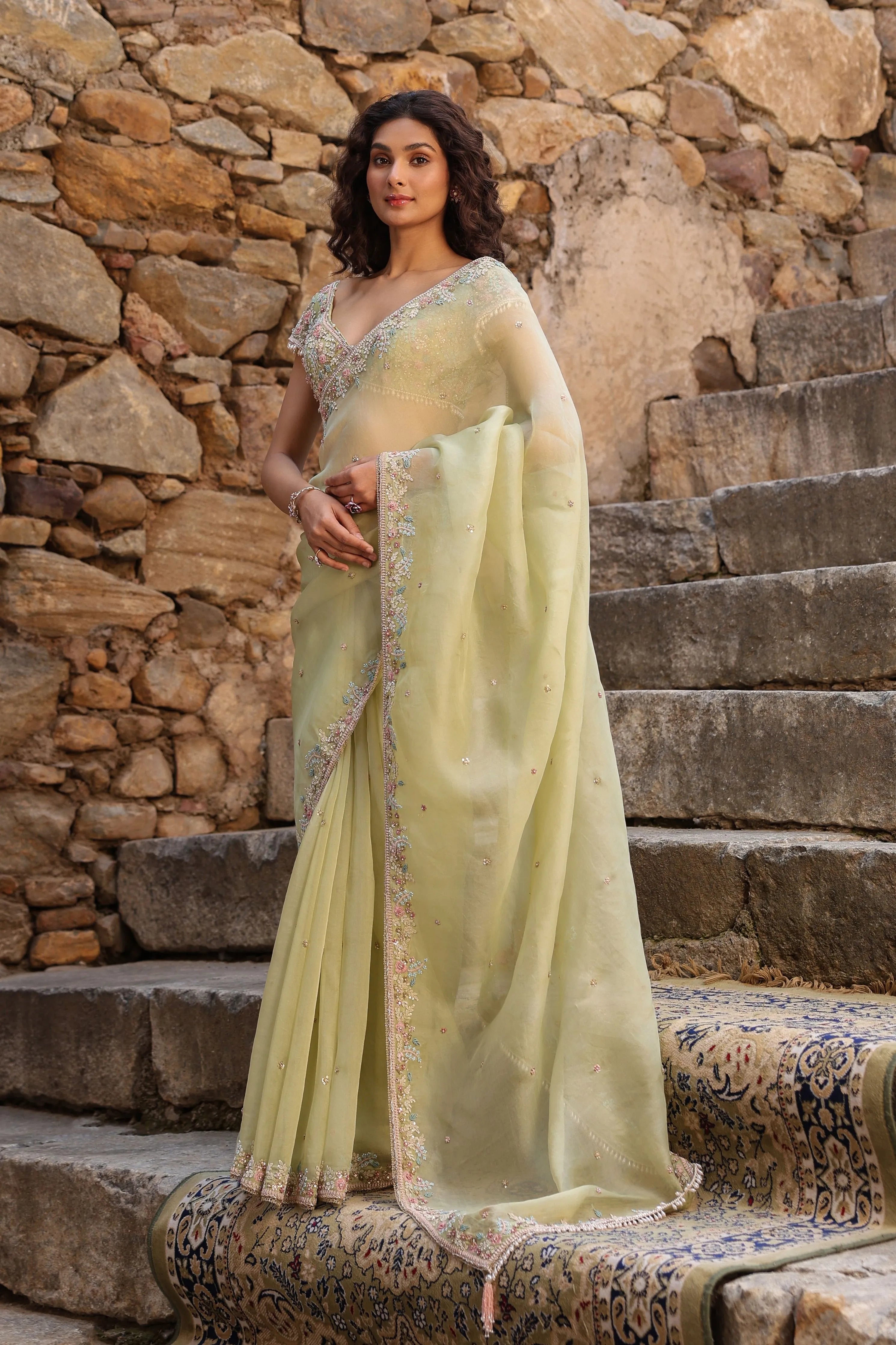 Vaayu Green Multicolor Border Saree Set