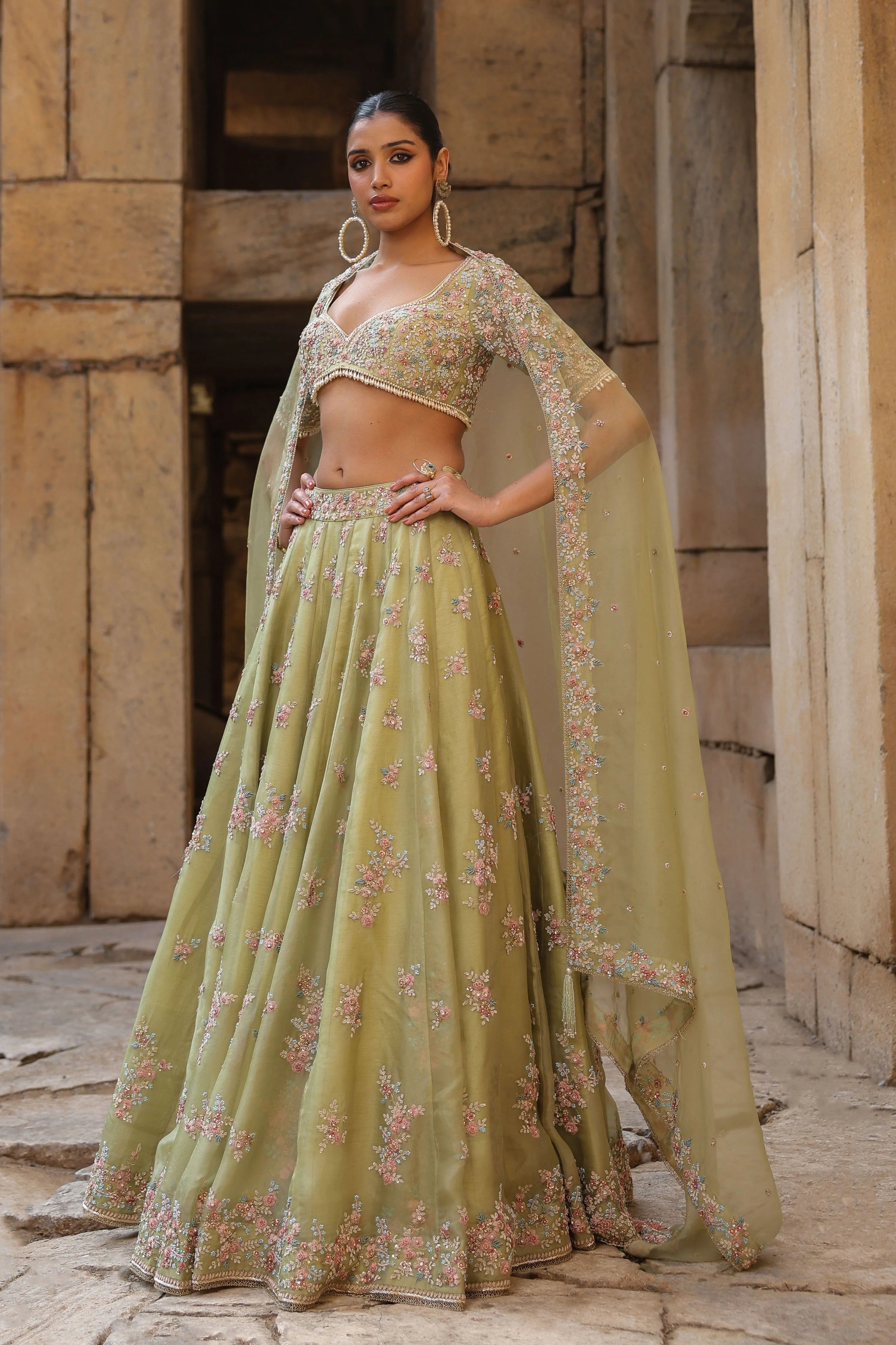 Vaayu Green Multicolor Phool Lehenga Set