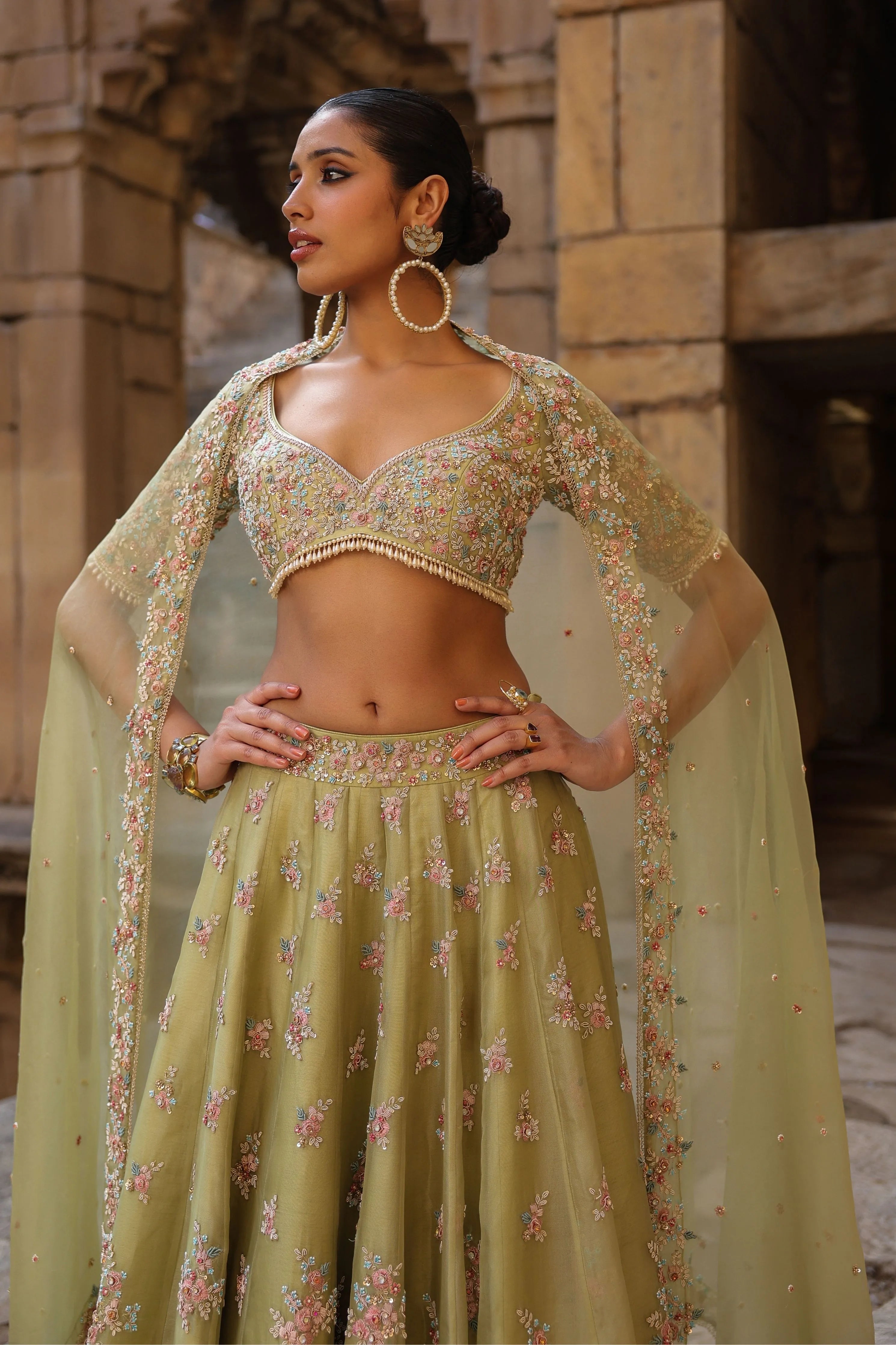 Vaayu Green Multicolor Phool Lehenga Set
