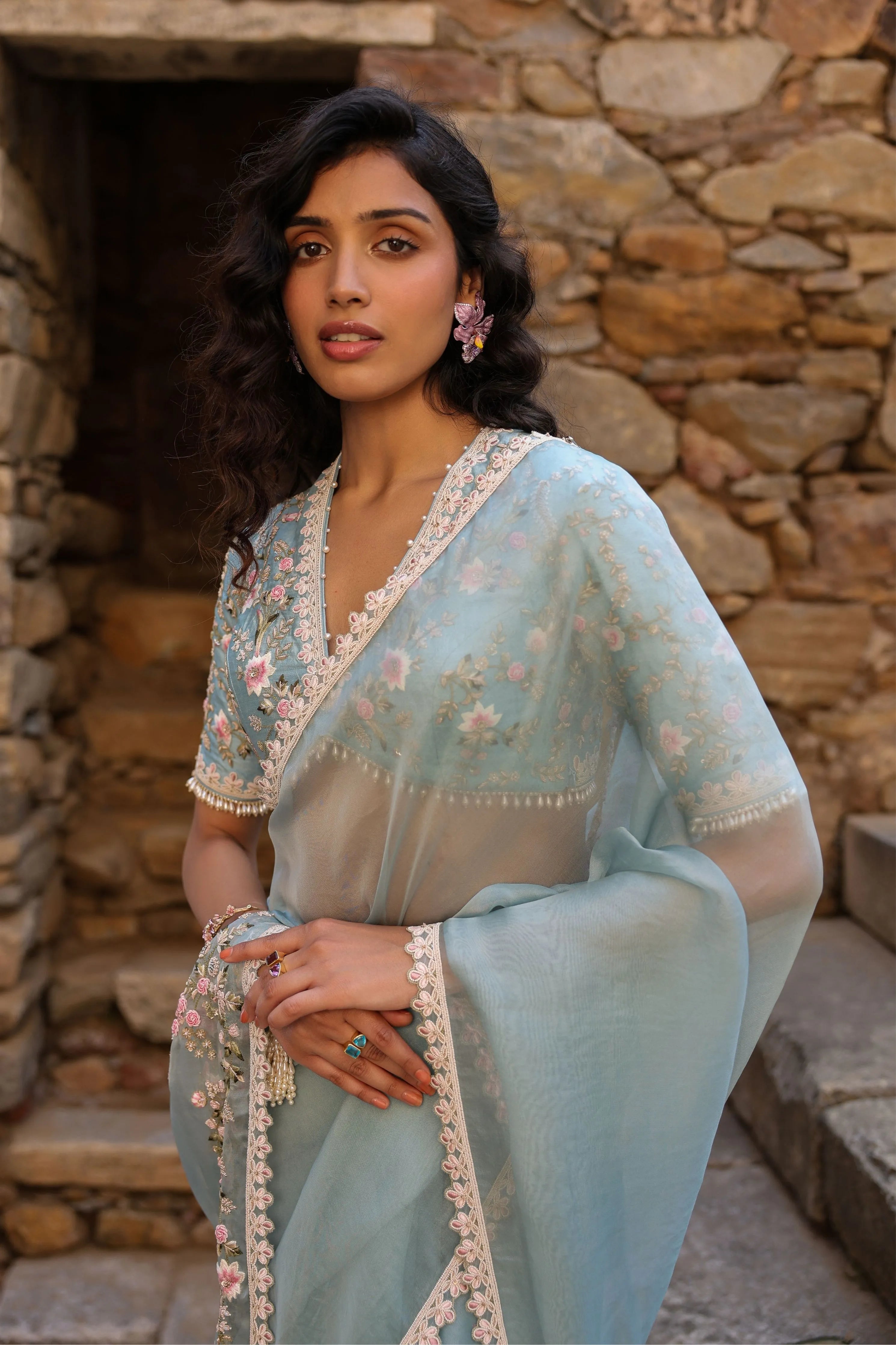 Vaayu Light Blue Phool Patti Saree Set