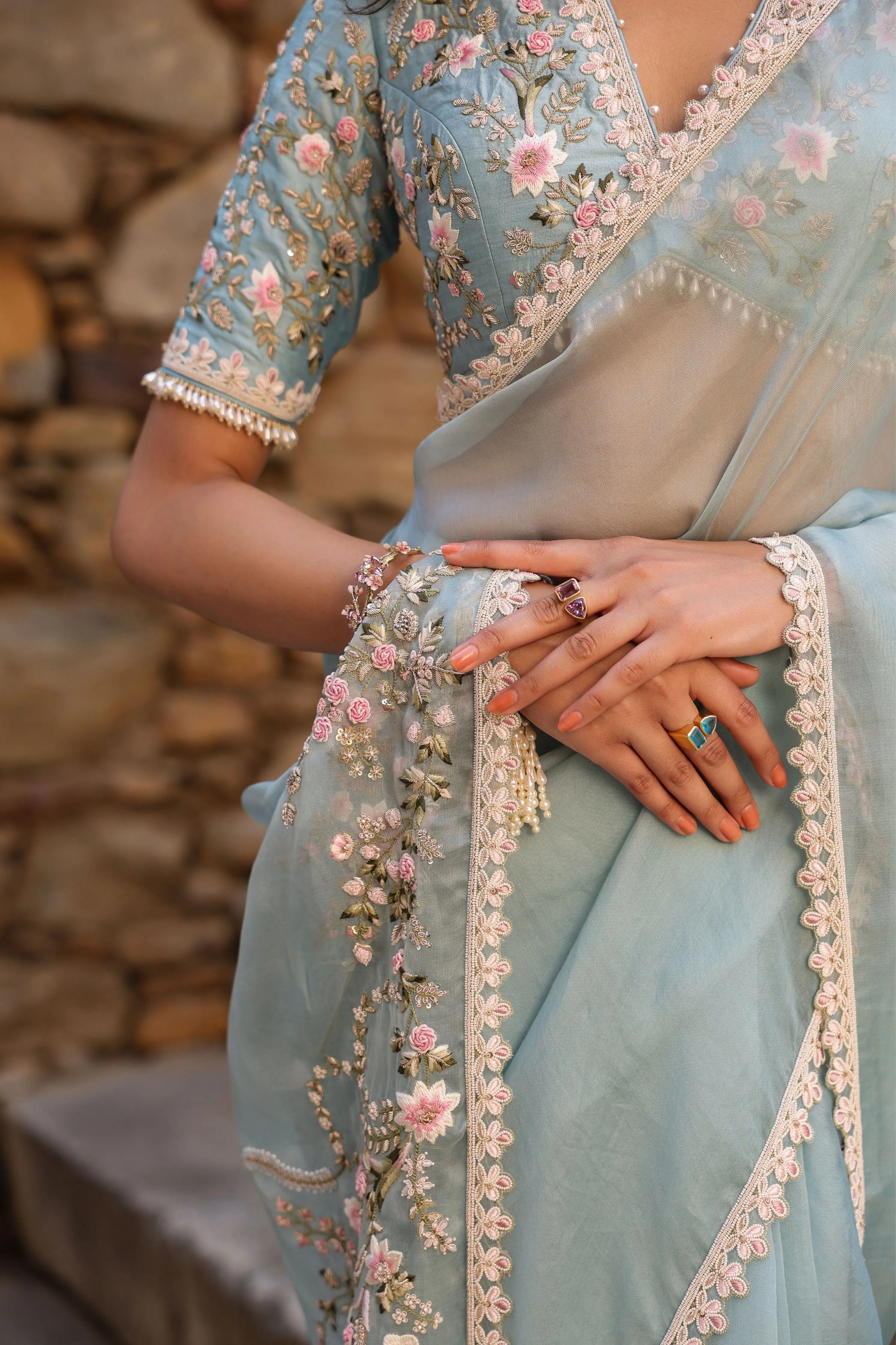 Vaayu Light Blue Phool Patti Saree Set