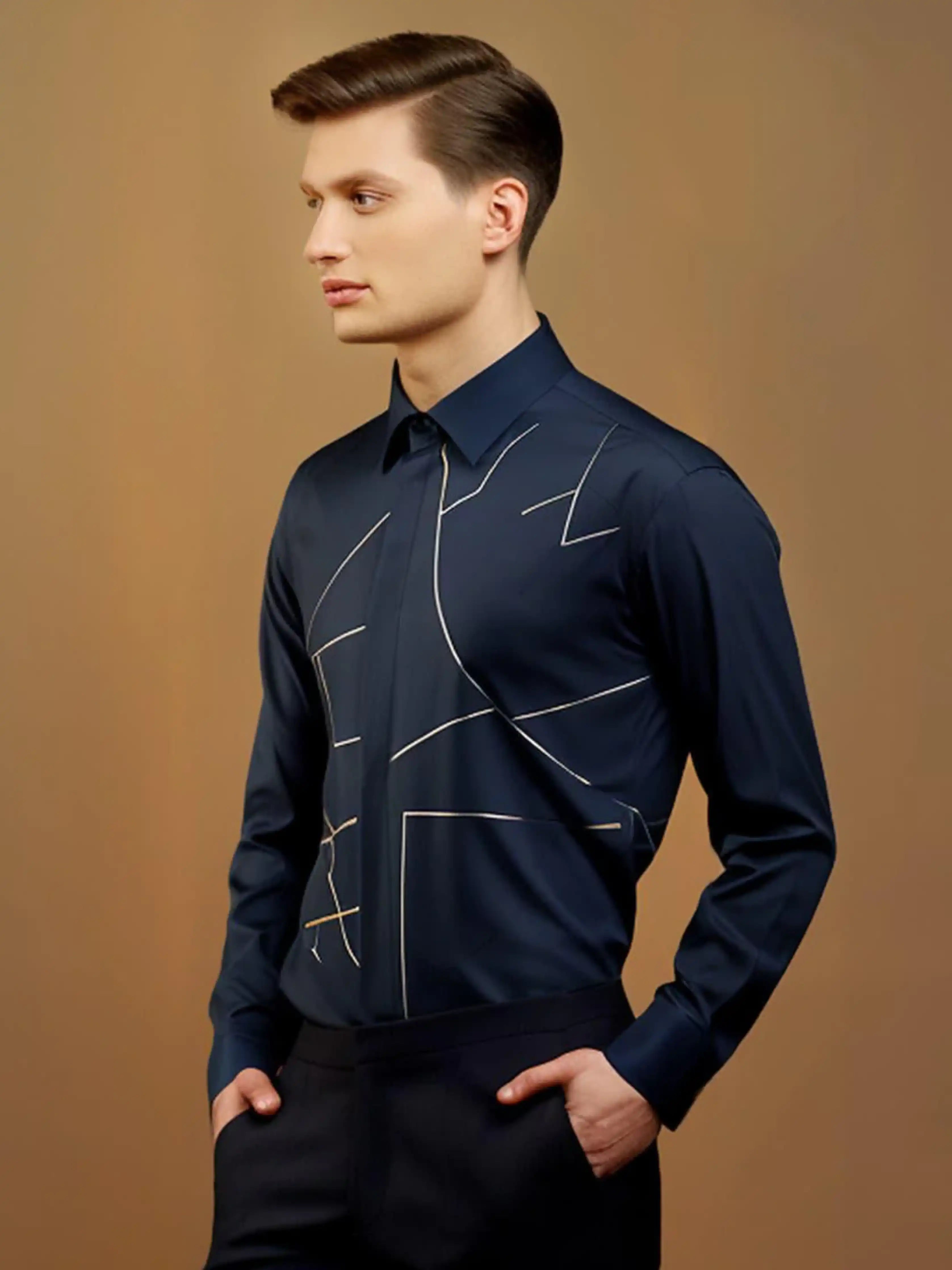 Embroidered Party Wear Navy Shirt