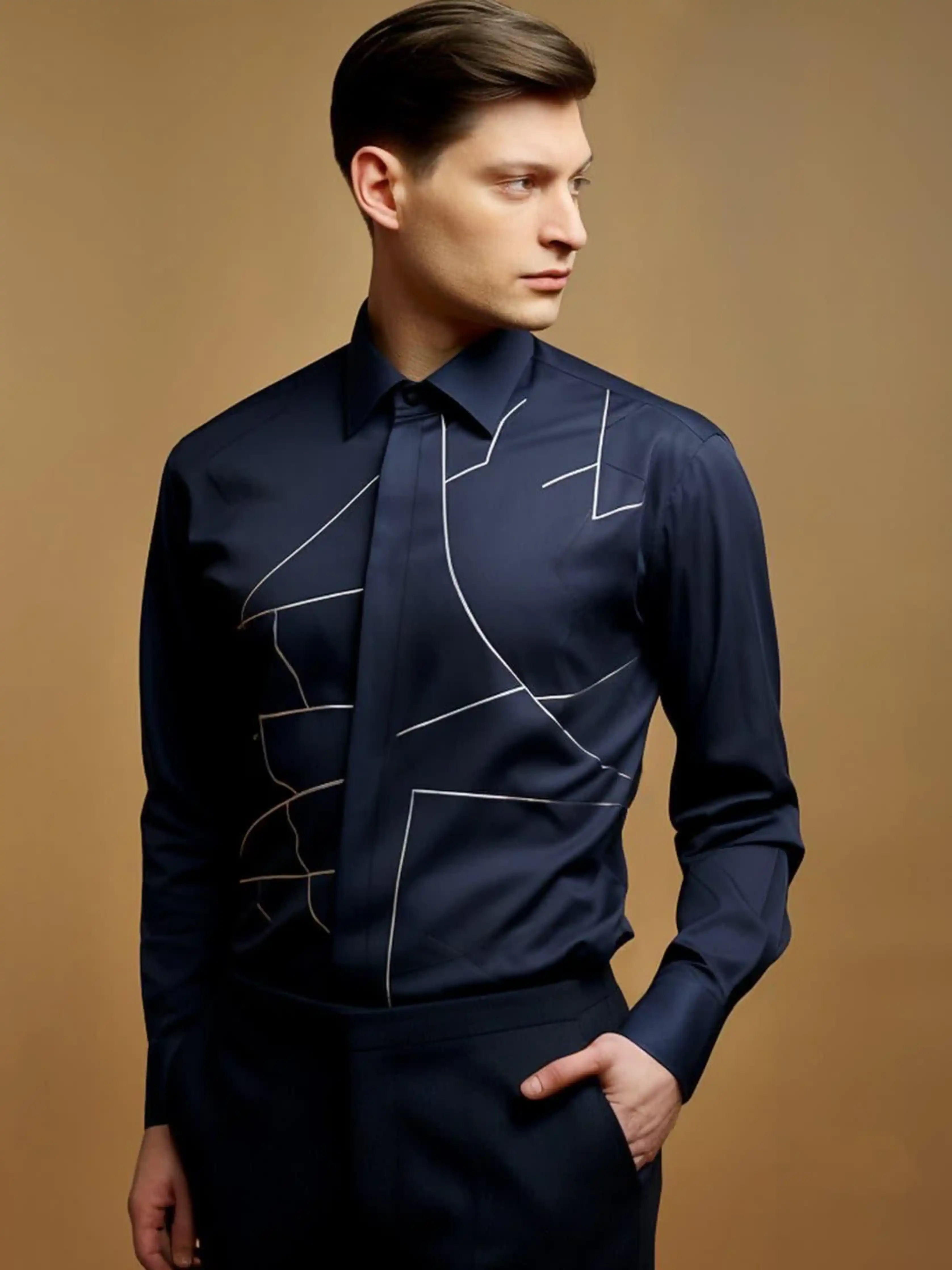 Embroidered Party Wear Navy Shirt