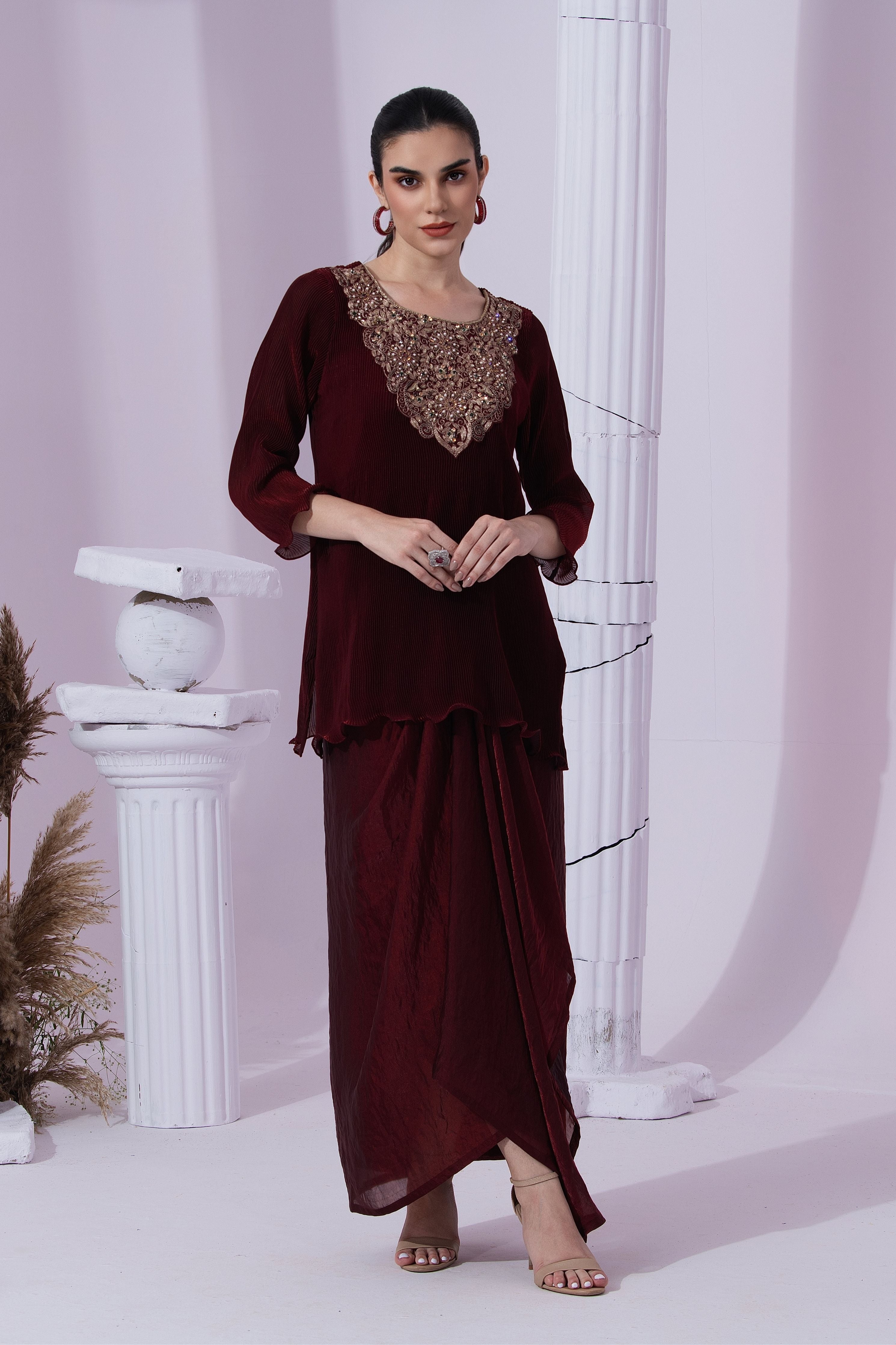 Metalic Wine Red Kurta Dhoti Set