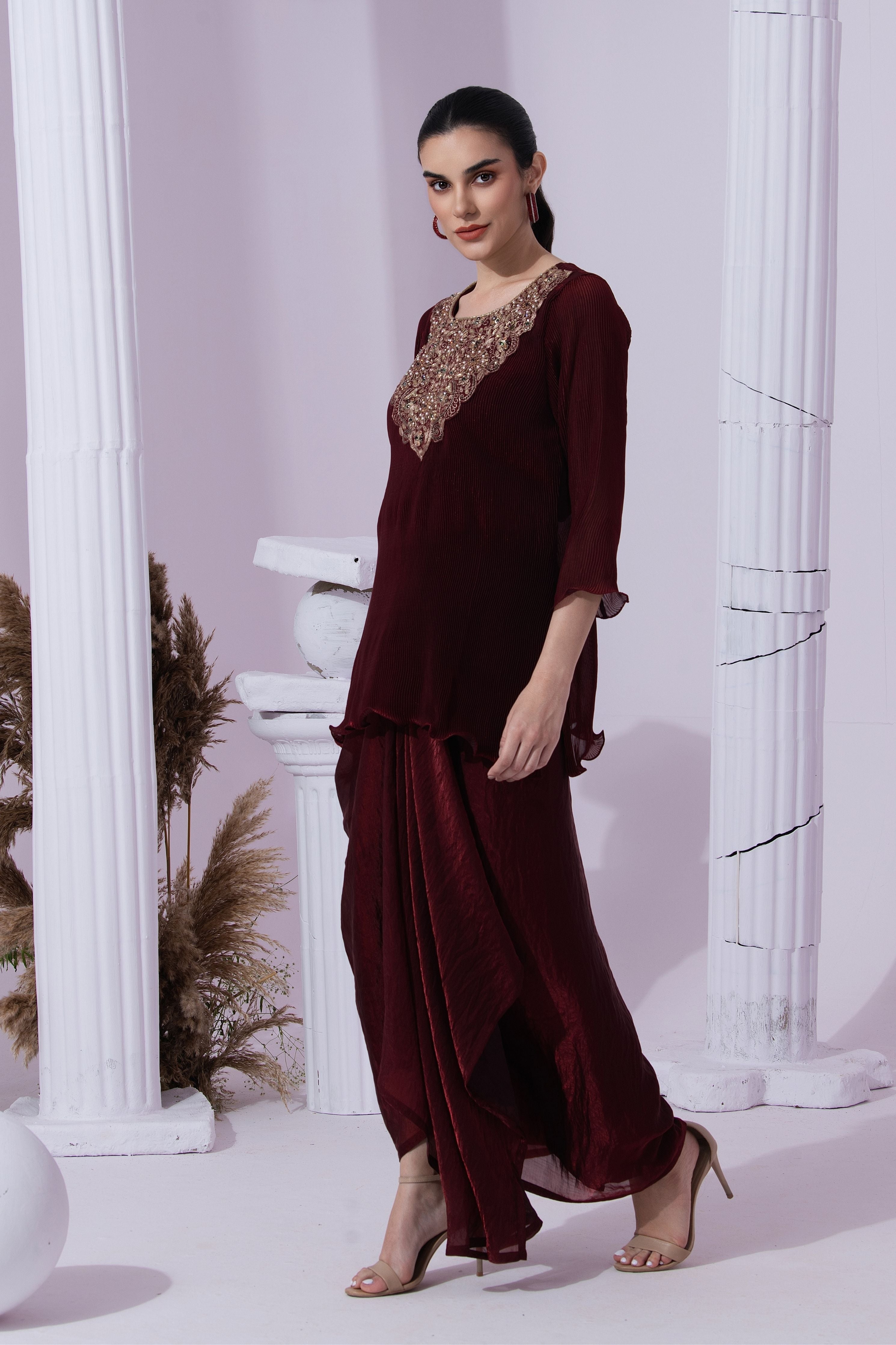 Metalic Wine Red Kurta Dhoti Set