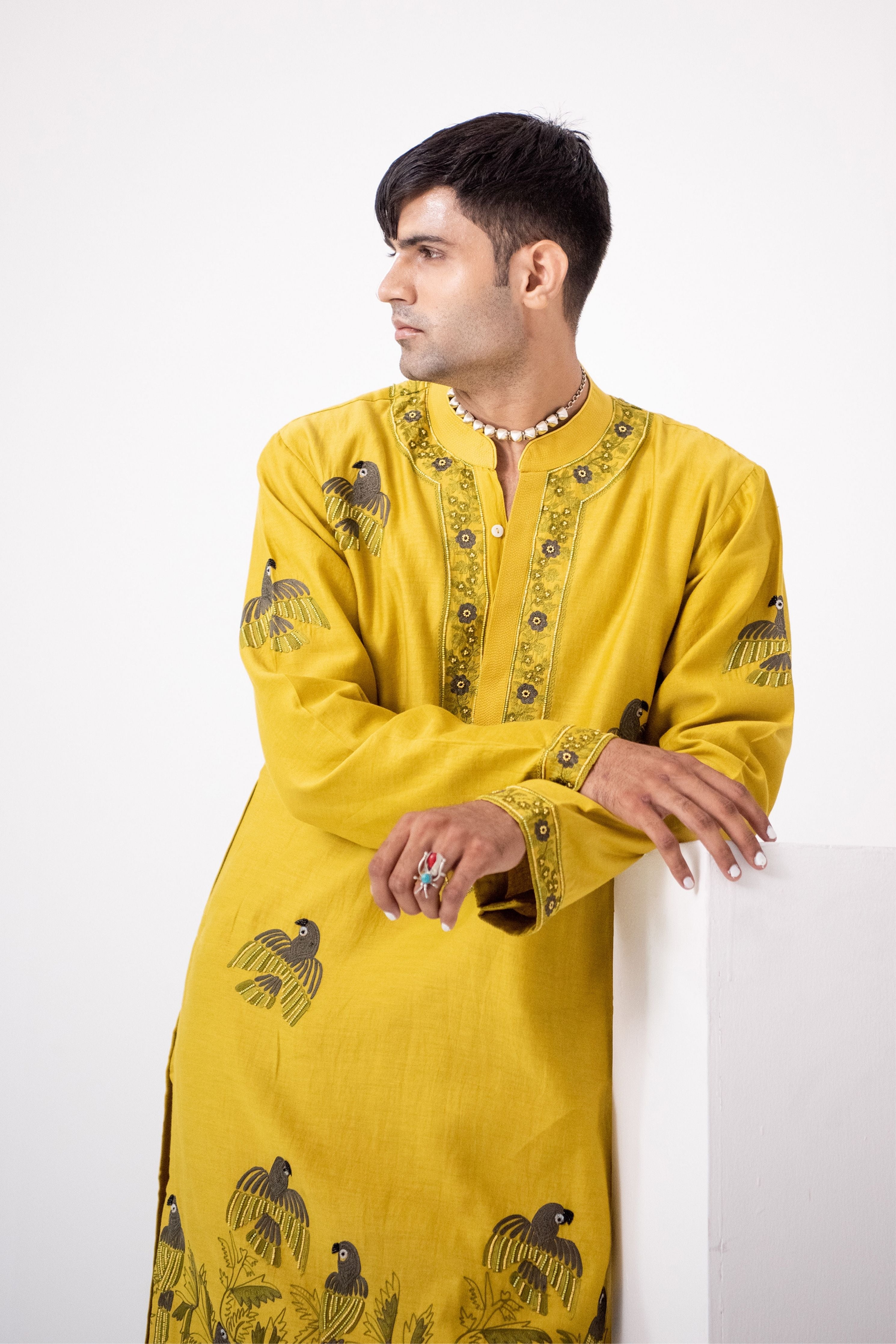 Rohit Saraf In Mustard Flock Parrot Kurta Set