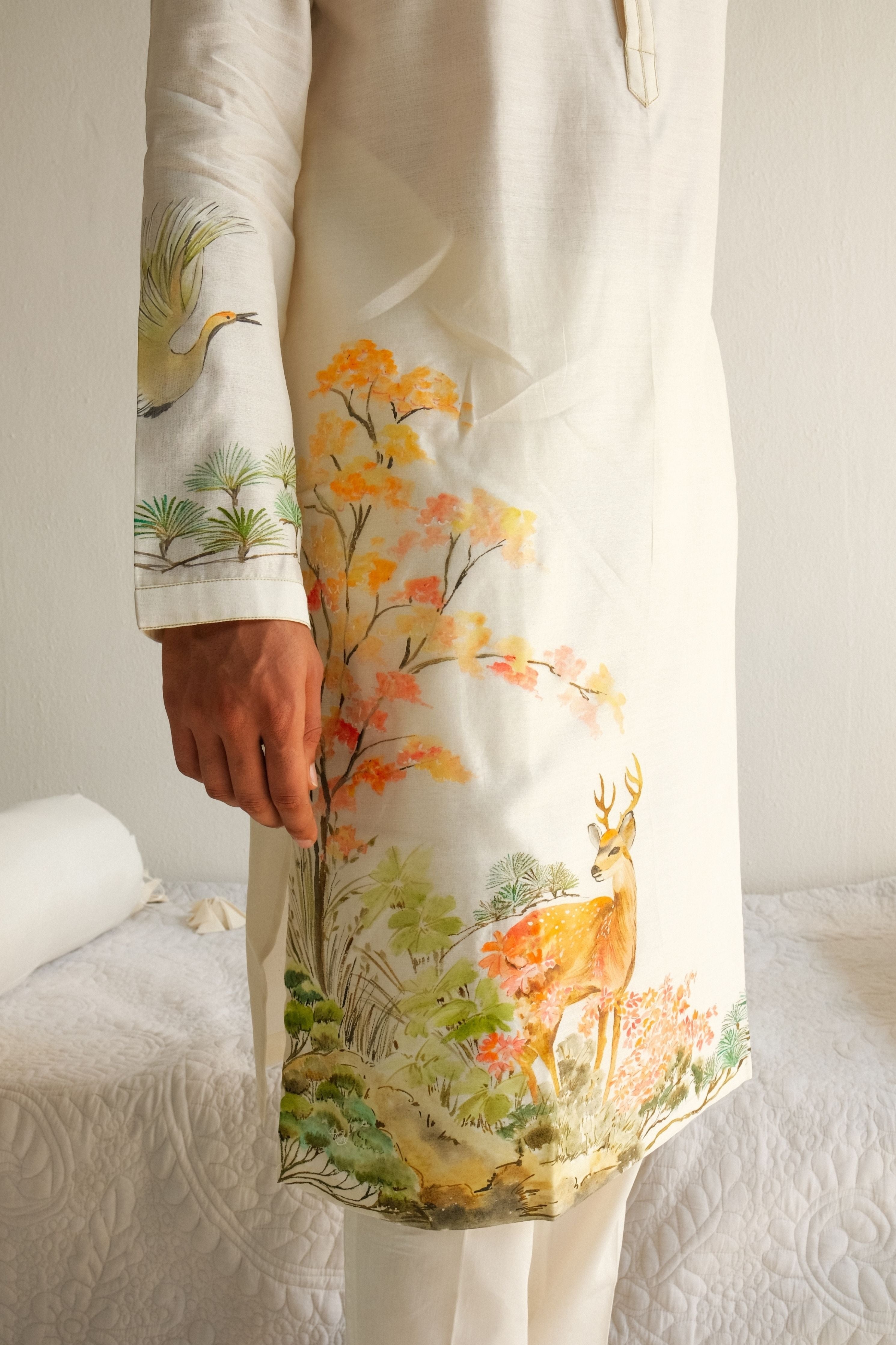 Chanderi Kurta Musk Deer Set In Ivory