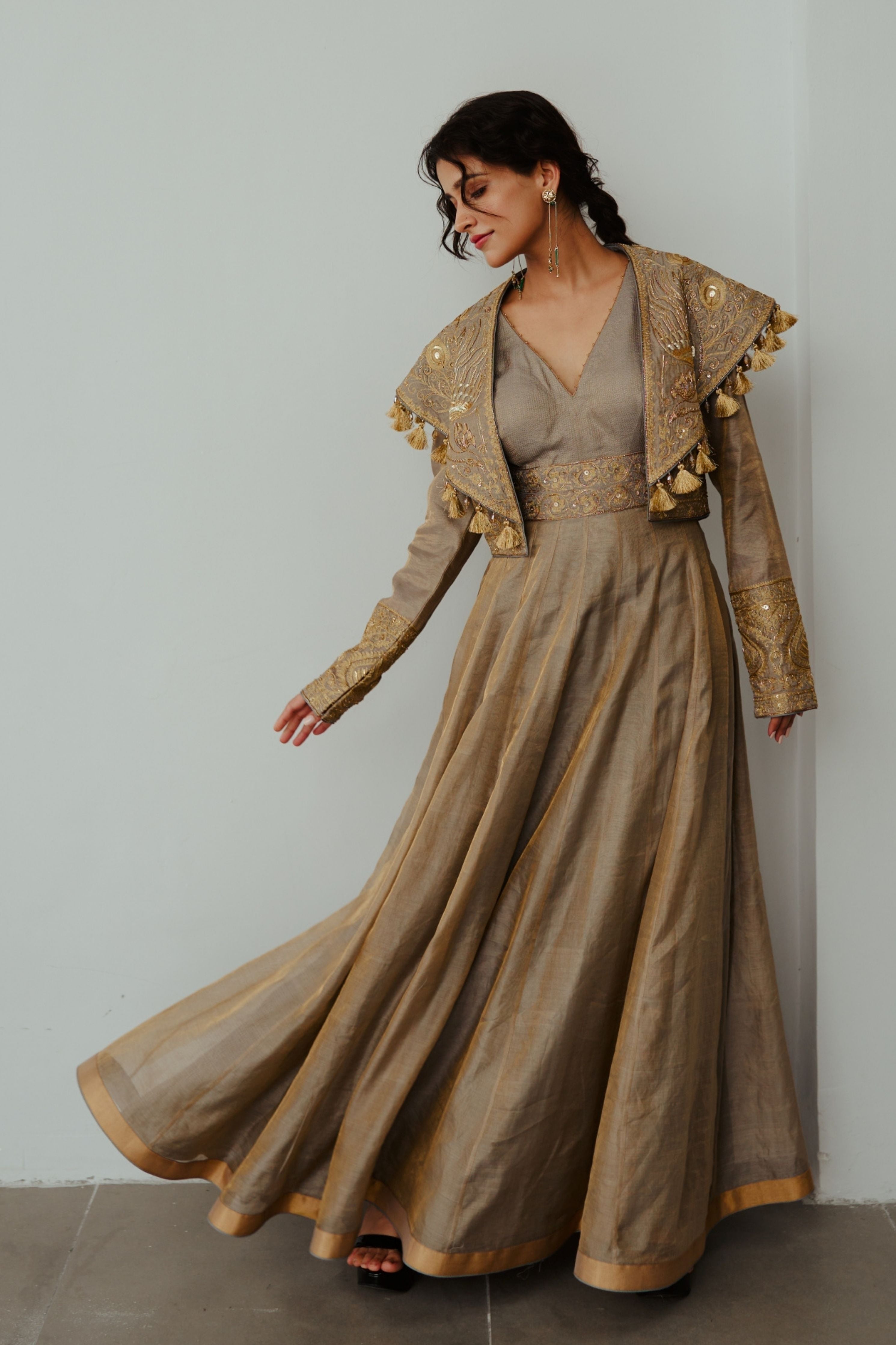 Golden Feather Smoky Grey Anarkali Set