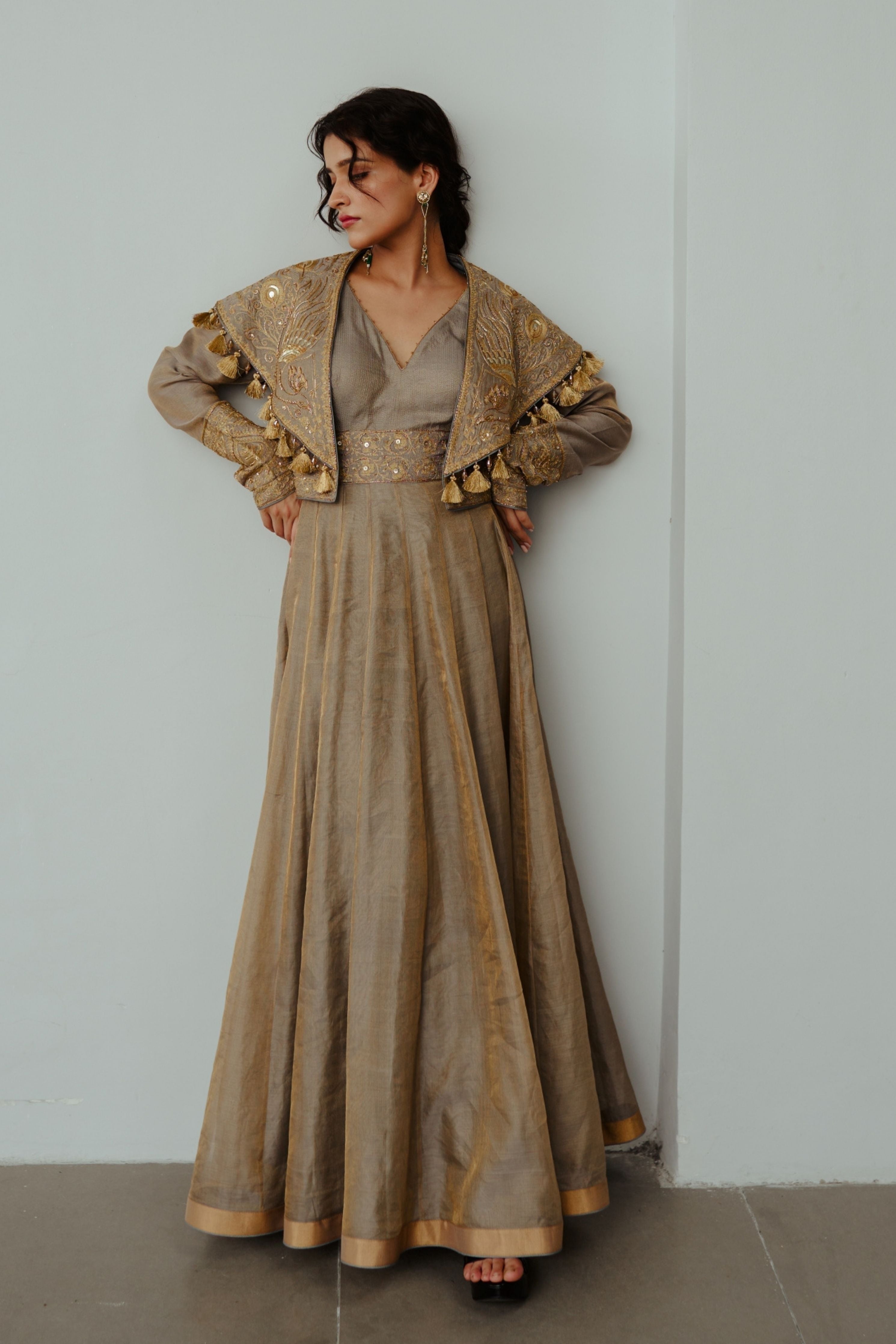 Golden Feather Smoky Grey Anarkali Set