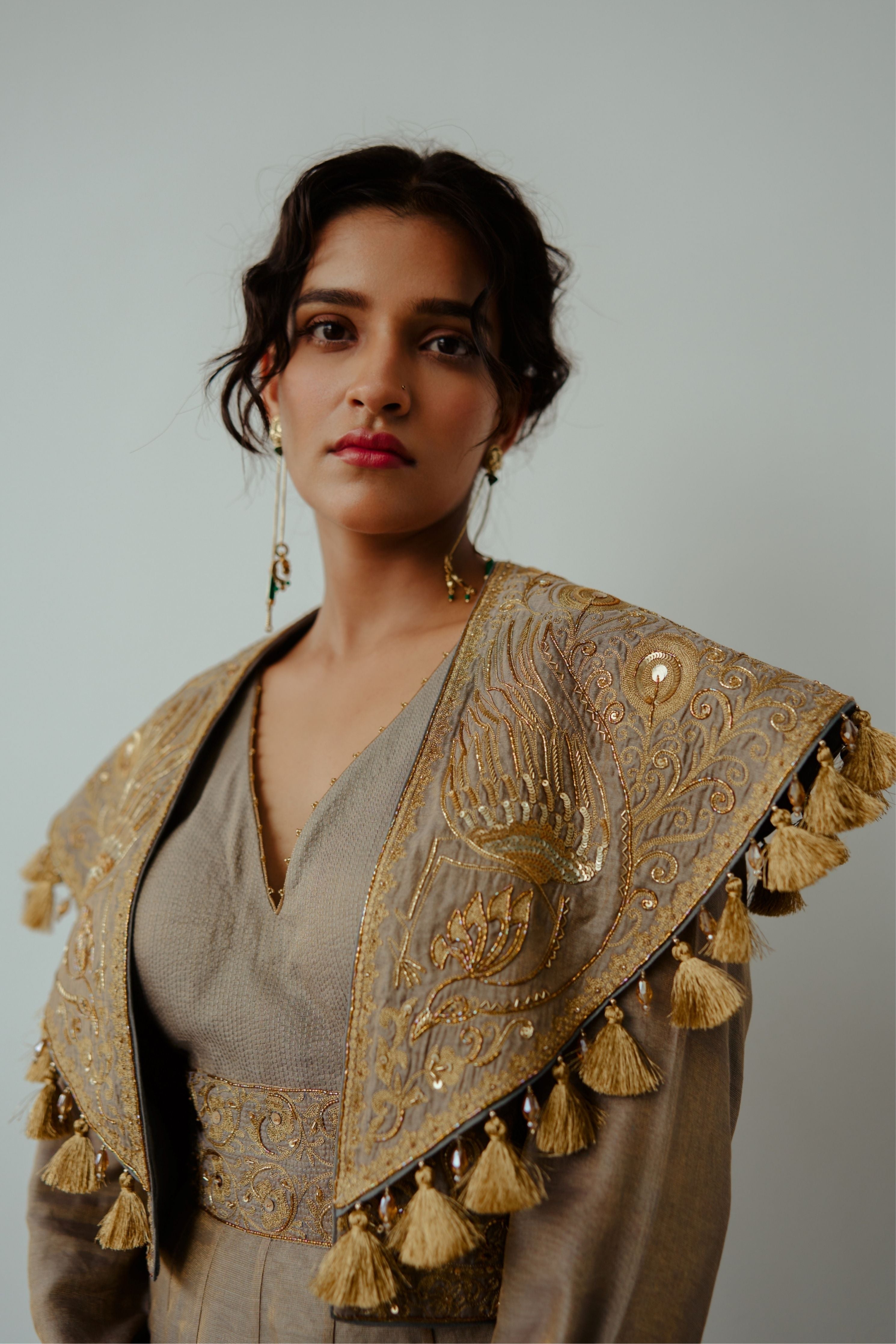 Golden Feather Smoky Grey Anarkali Set