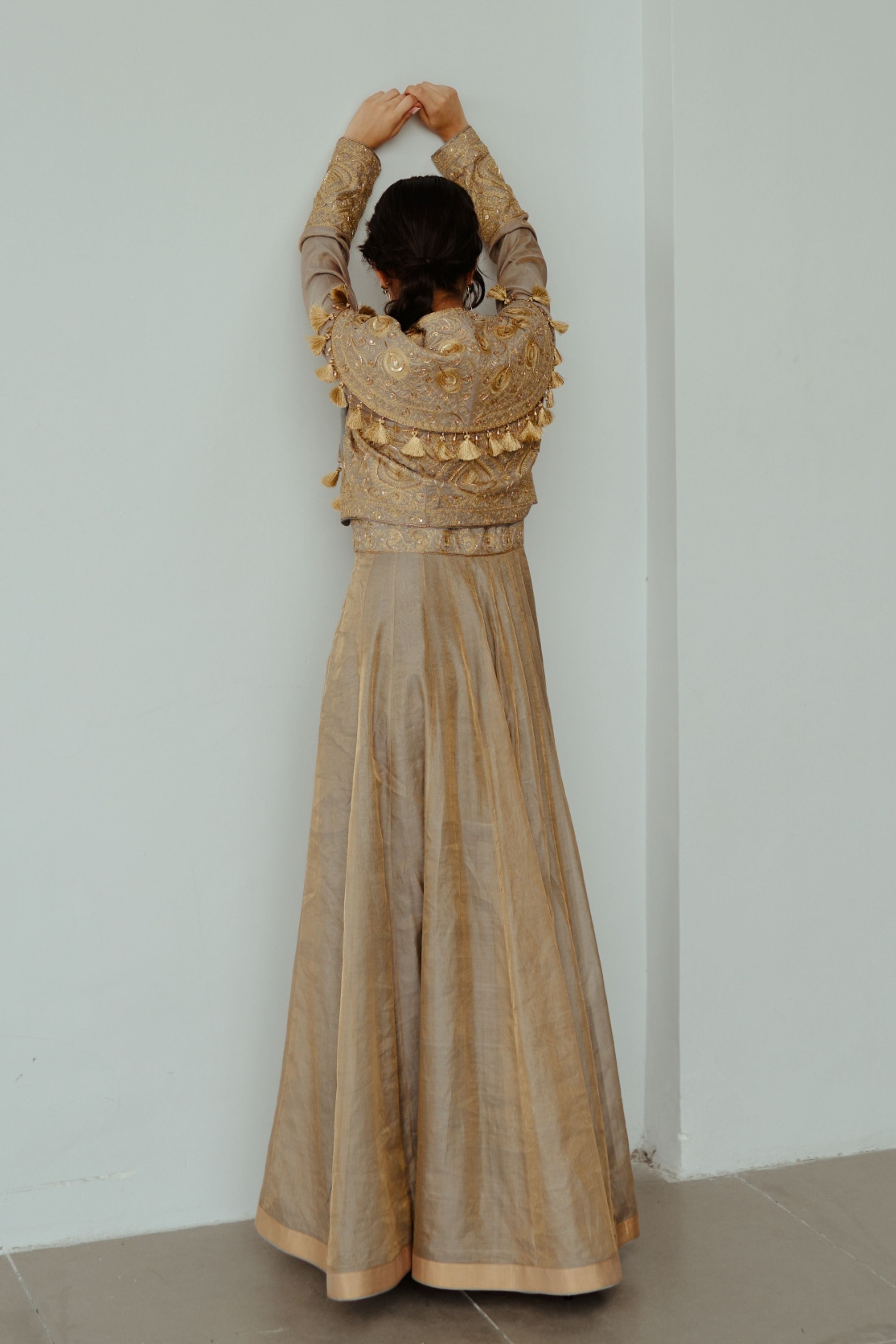 Golden Feather Smoky Grey Anarkali Set