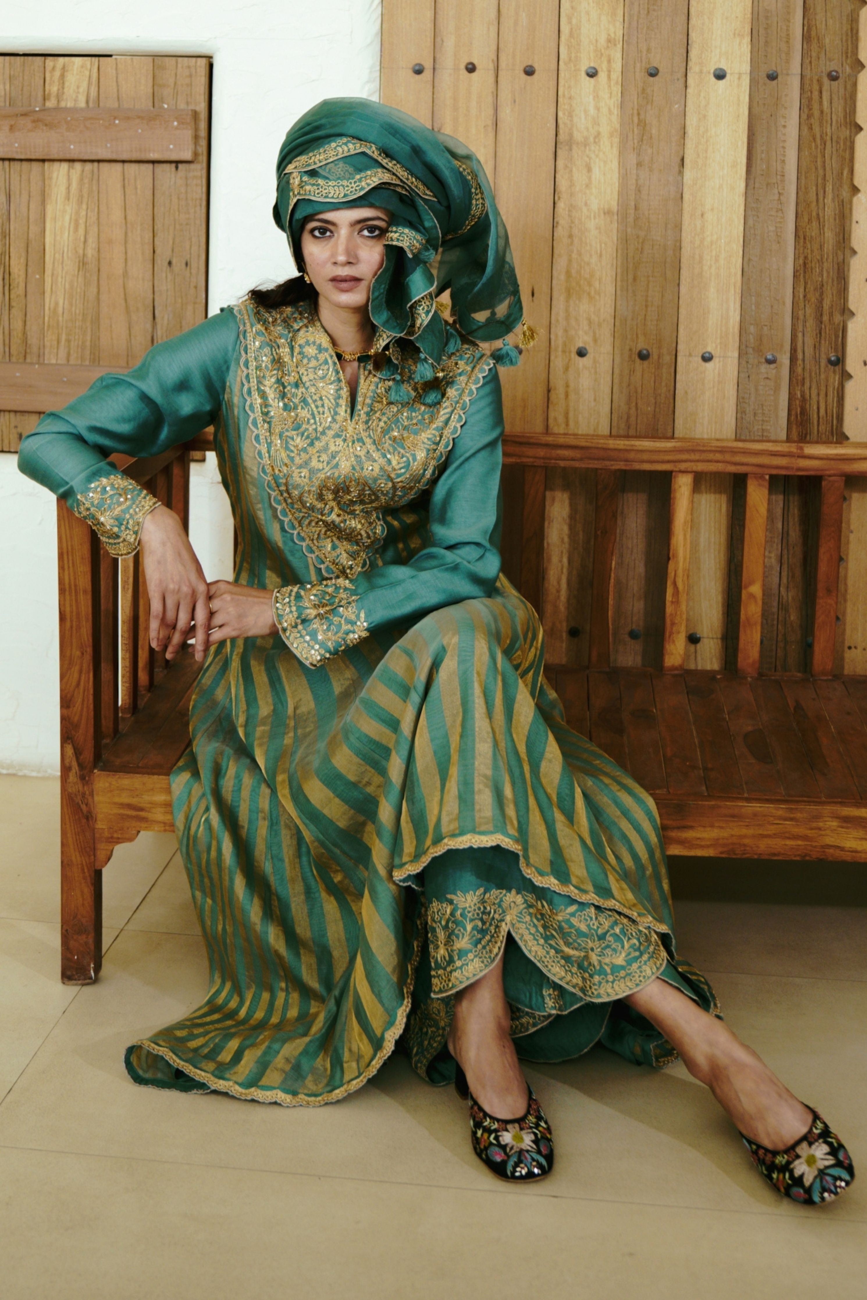 Peacock Feathers Moss Green Anarkali Set