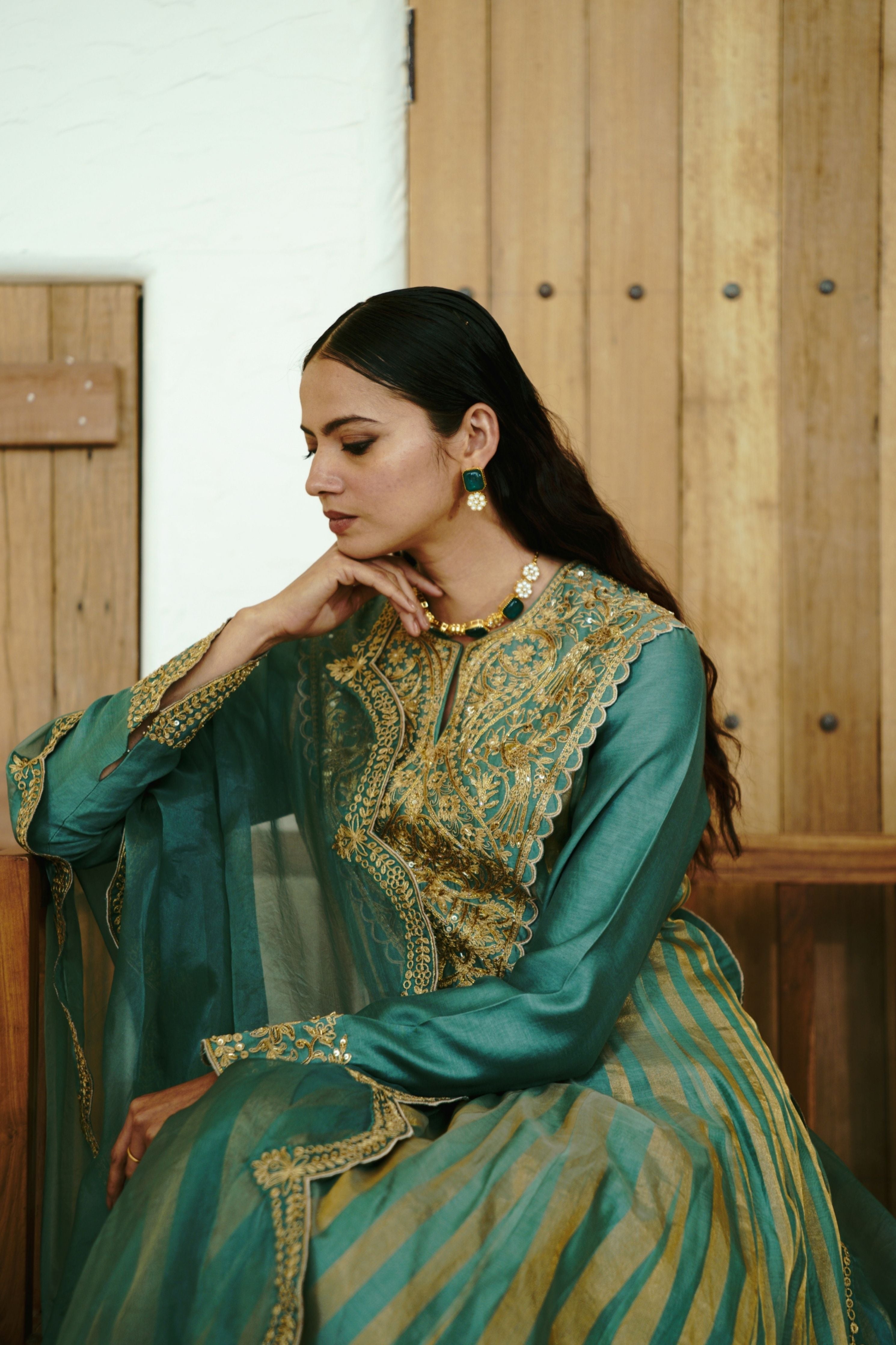 Peacock Feathers Moss Green Anarkali Set