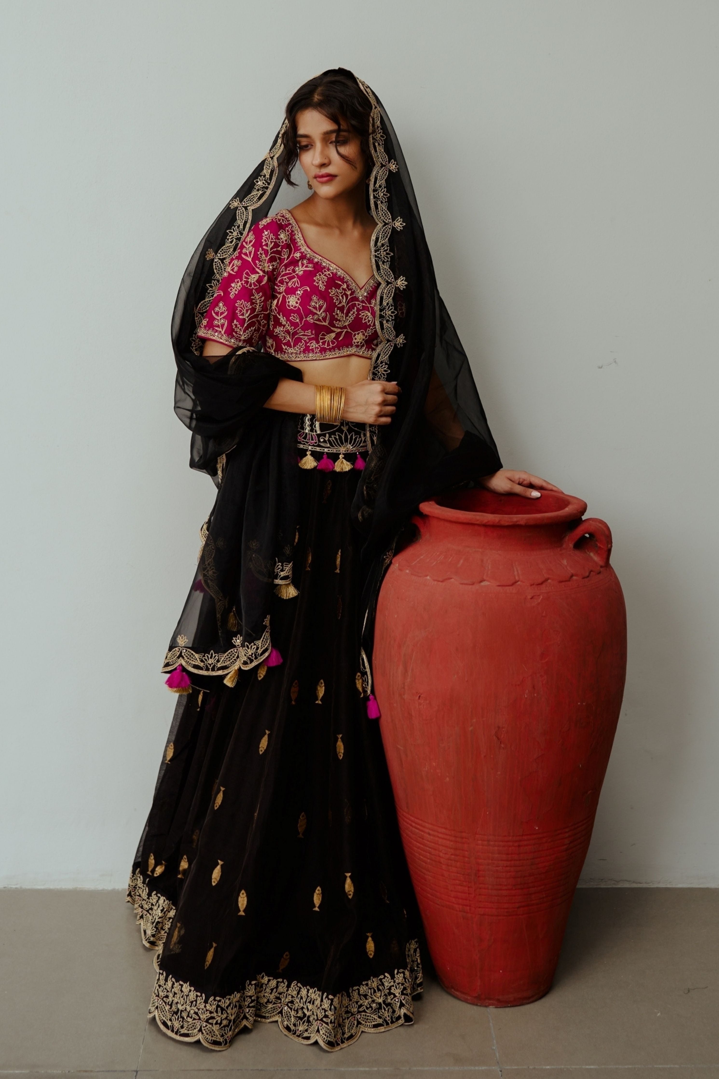 Noor Jahan Black Chanderi Lehenga Set