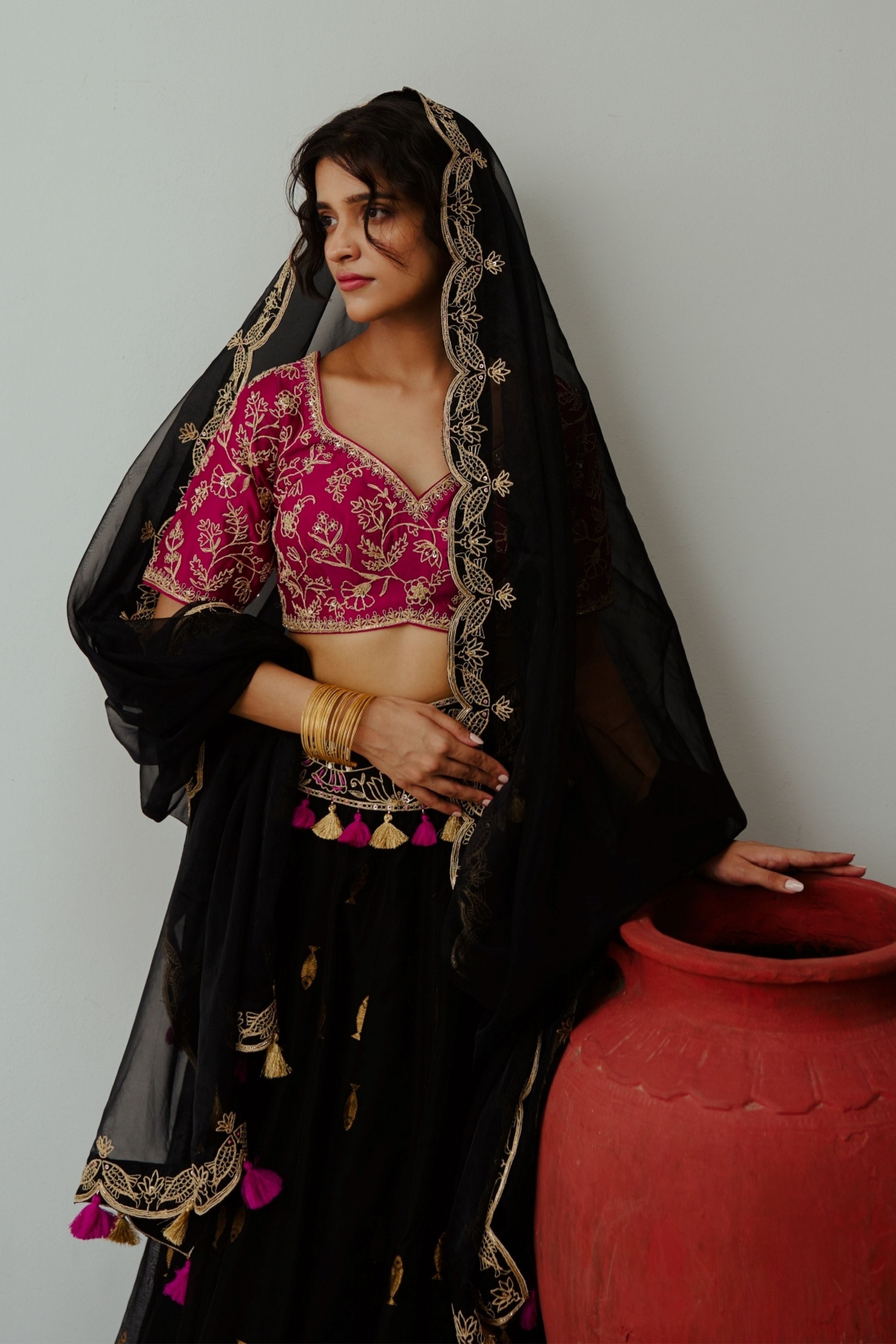 Noor Jahan Black Chanderi Lehenga Set