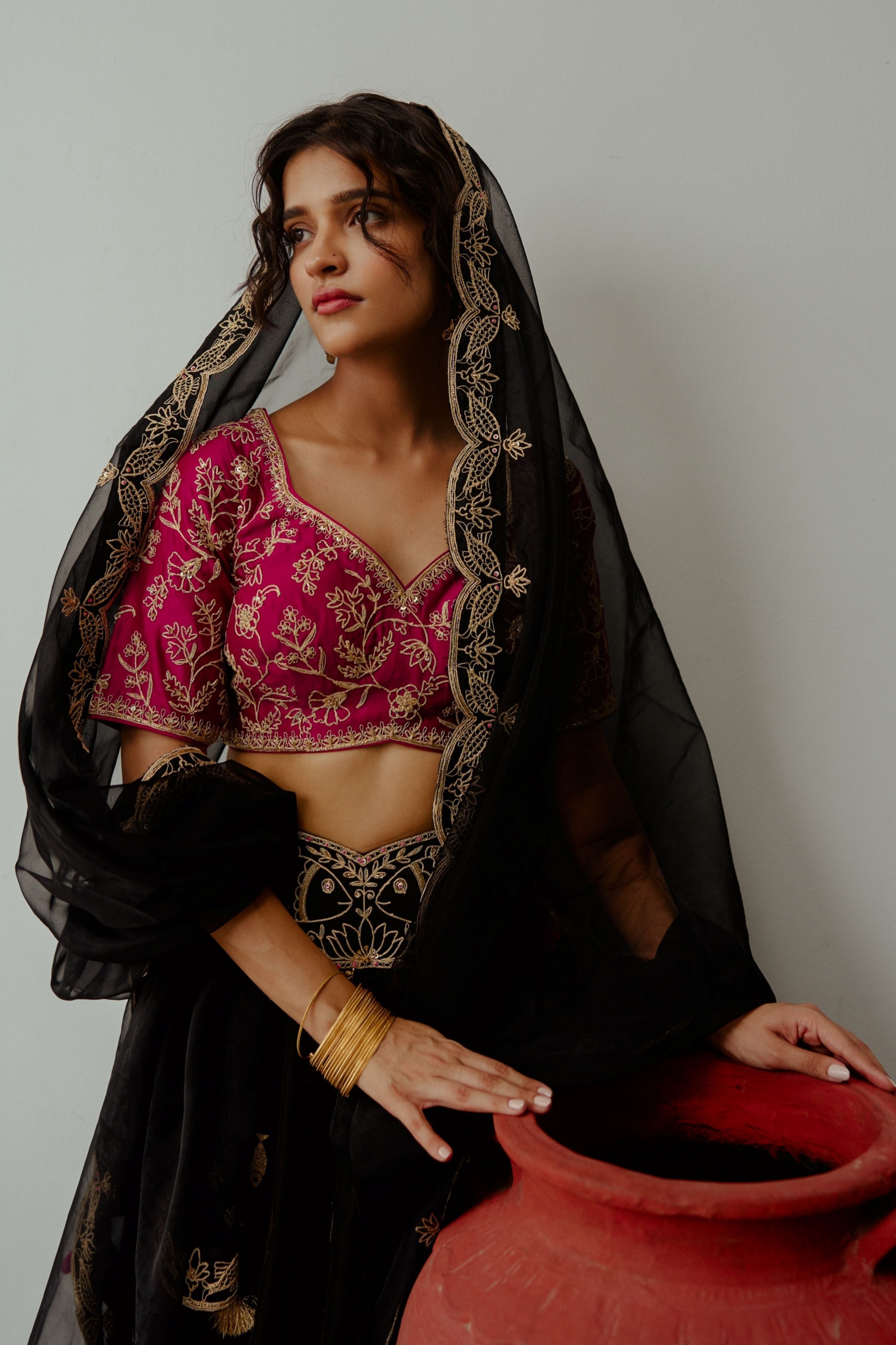 Noor Jahan Black Chanderi Lehenga Set