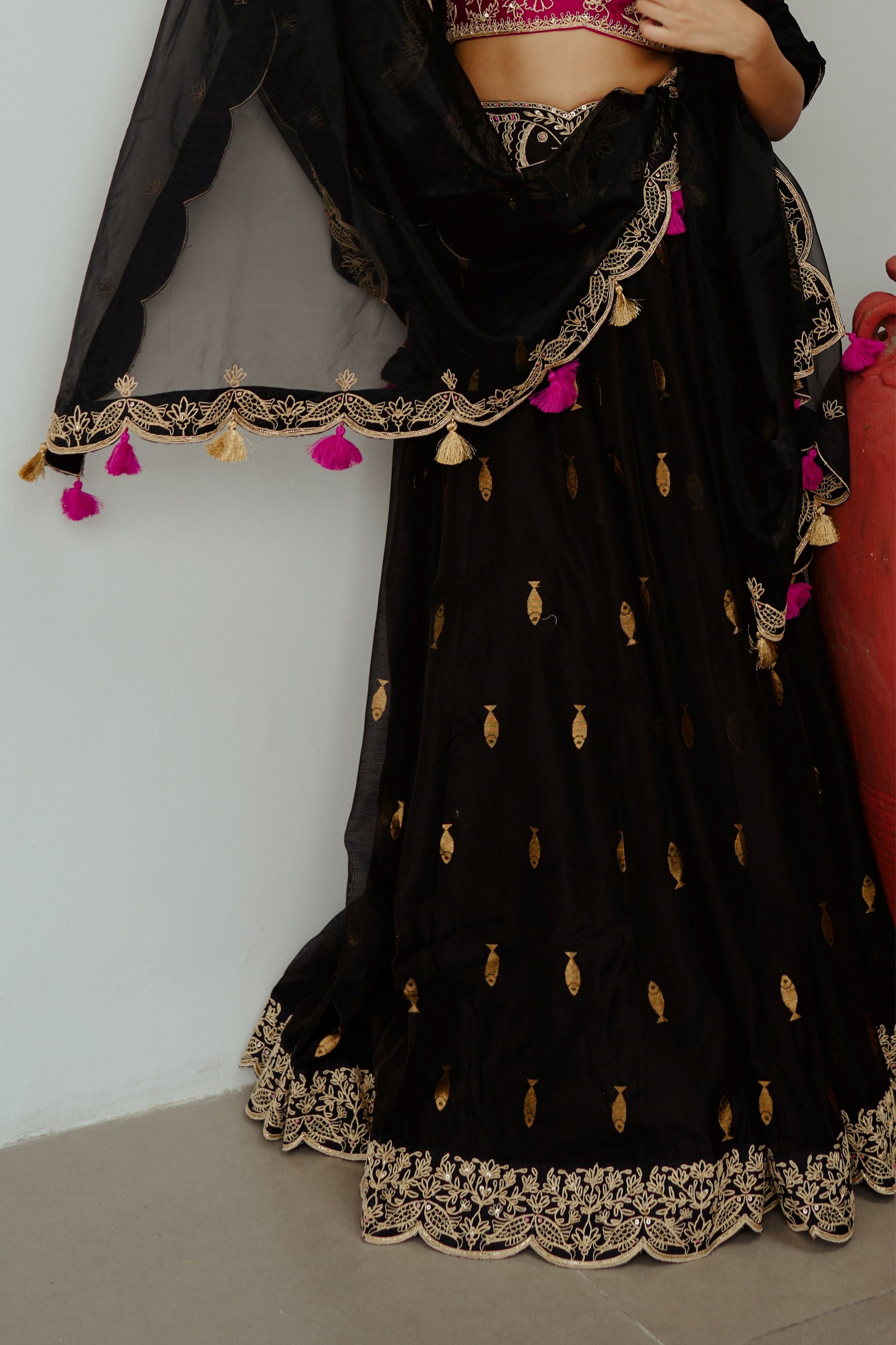 Noor Jahan Black Chanderi Lehenga Set