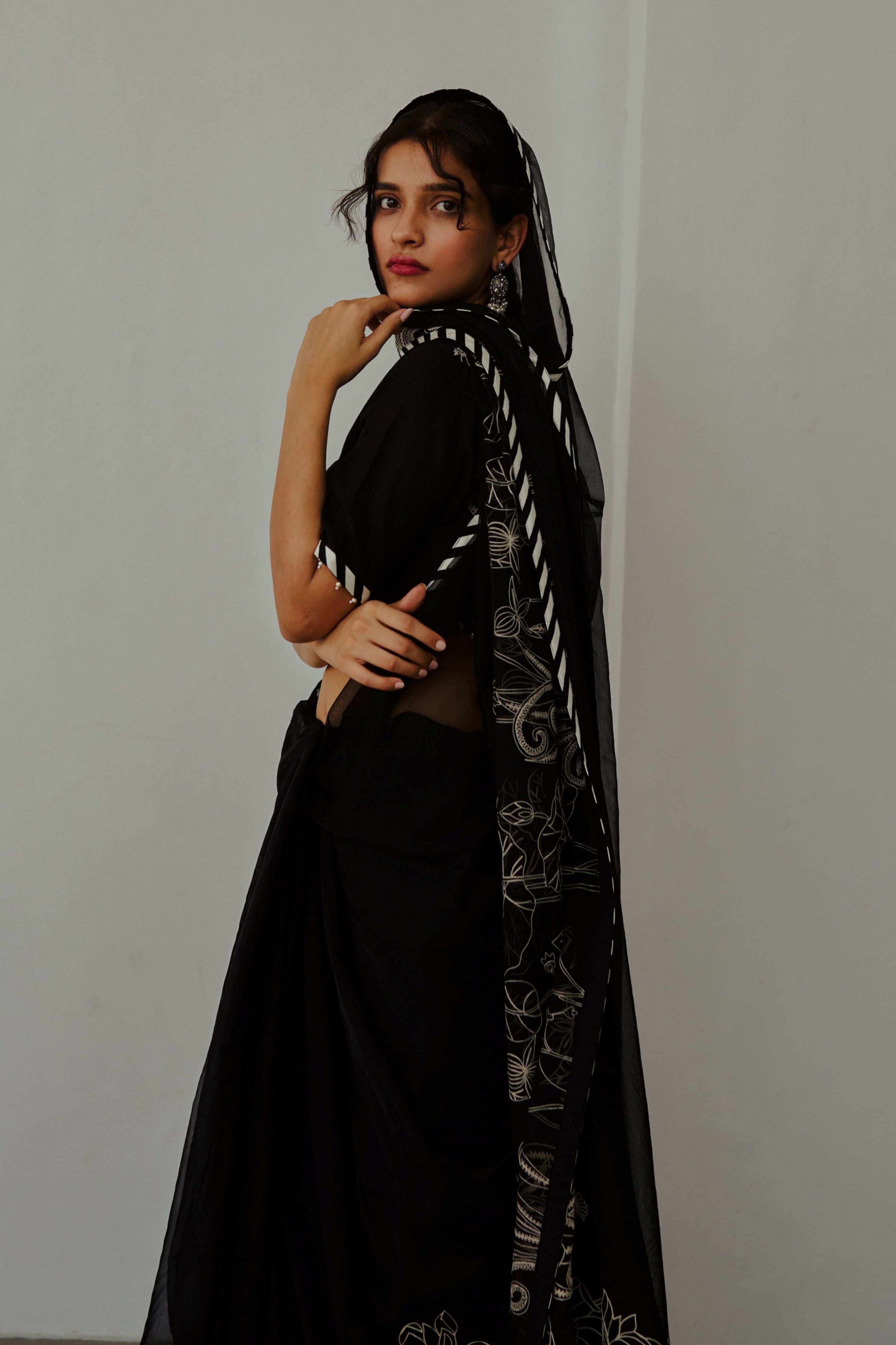 Lotus Pond Black Organza Saree Set