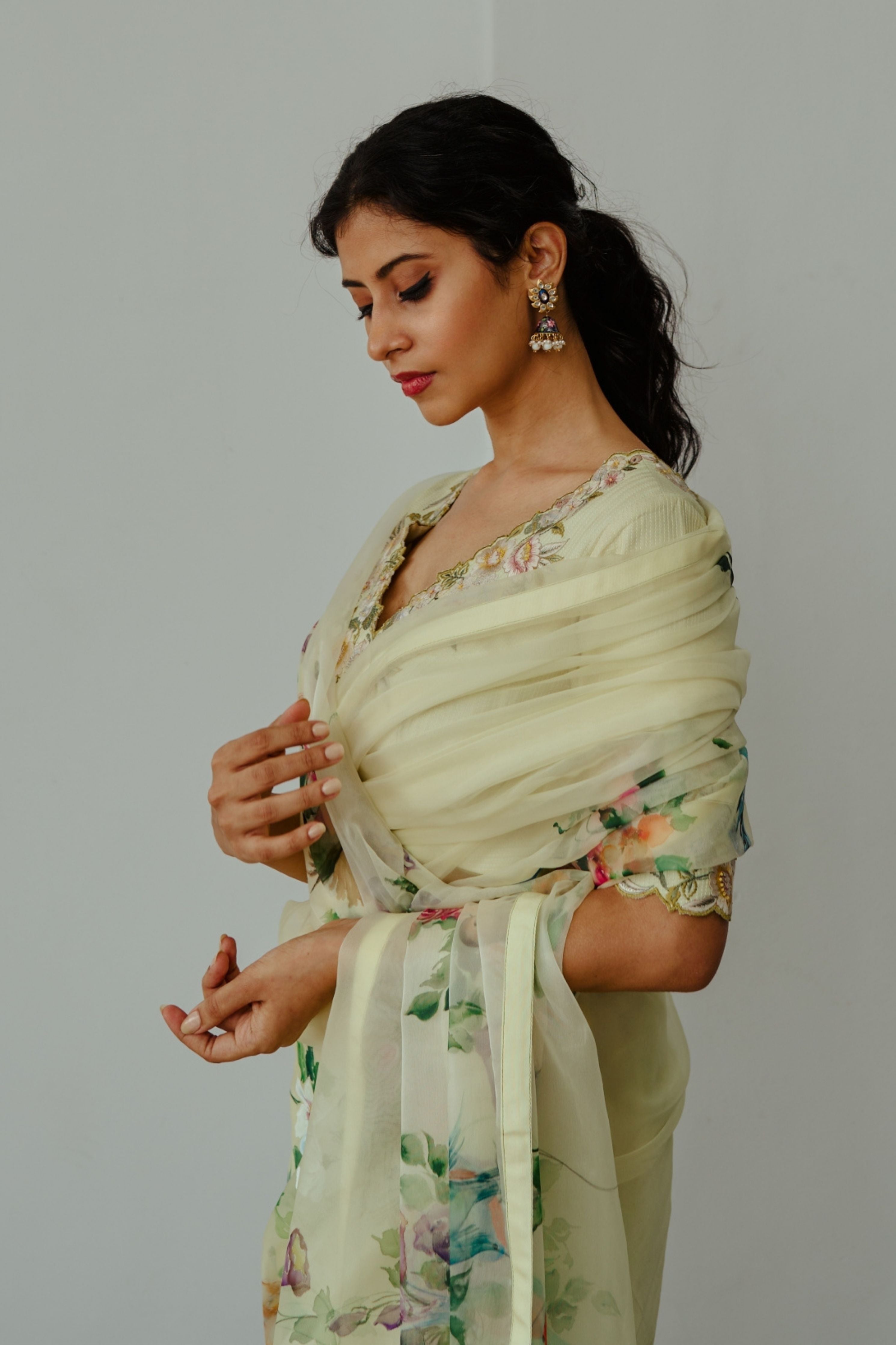 Valley of Flowers Lemon Yellow Saree Set