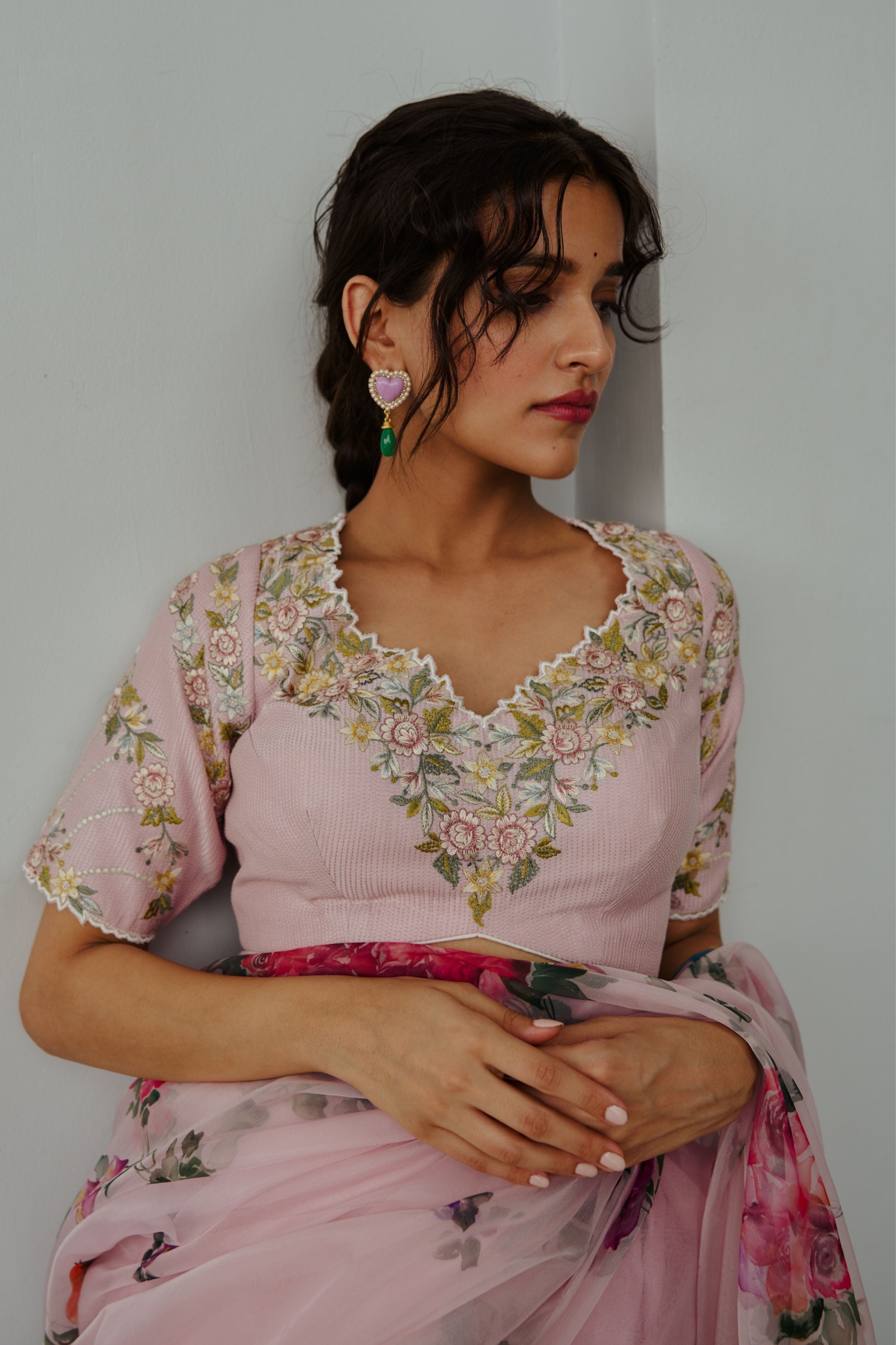Floral Ecstasy Pastel Pink Saree Set