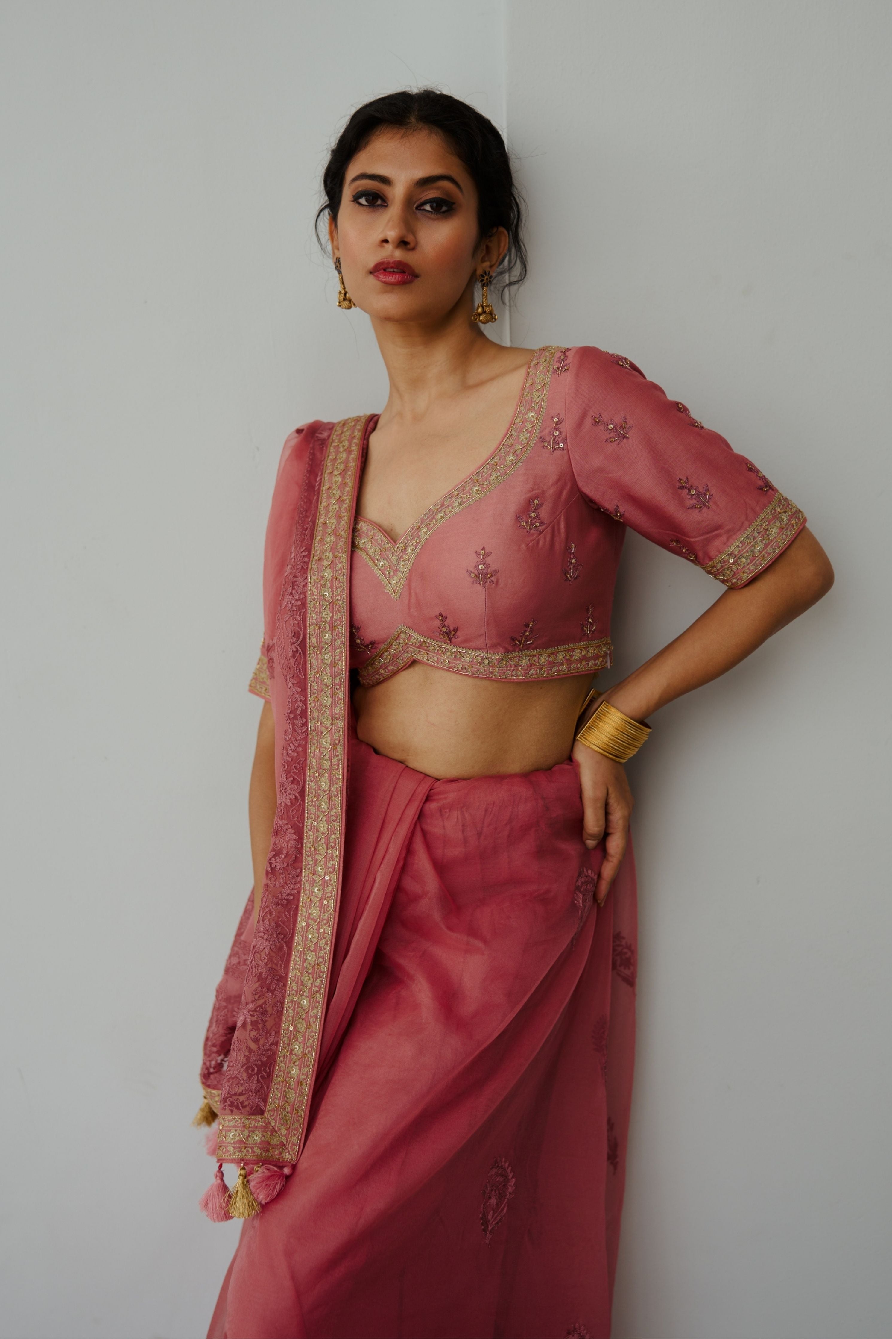 Sada Bahar Old Rose Saree Set