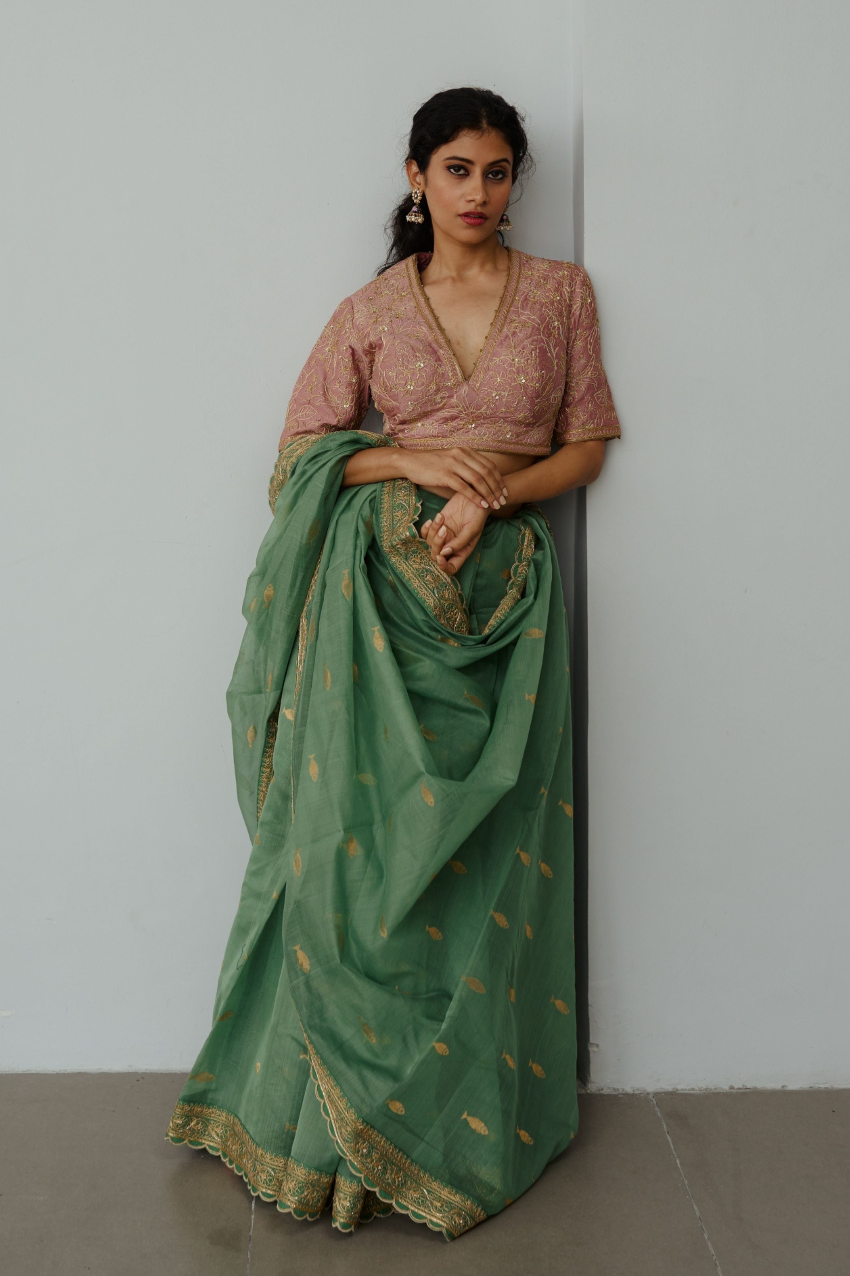 Anchovies Moss Green Saree Set