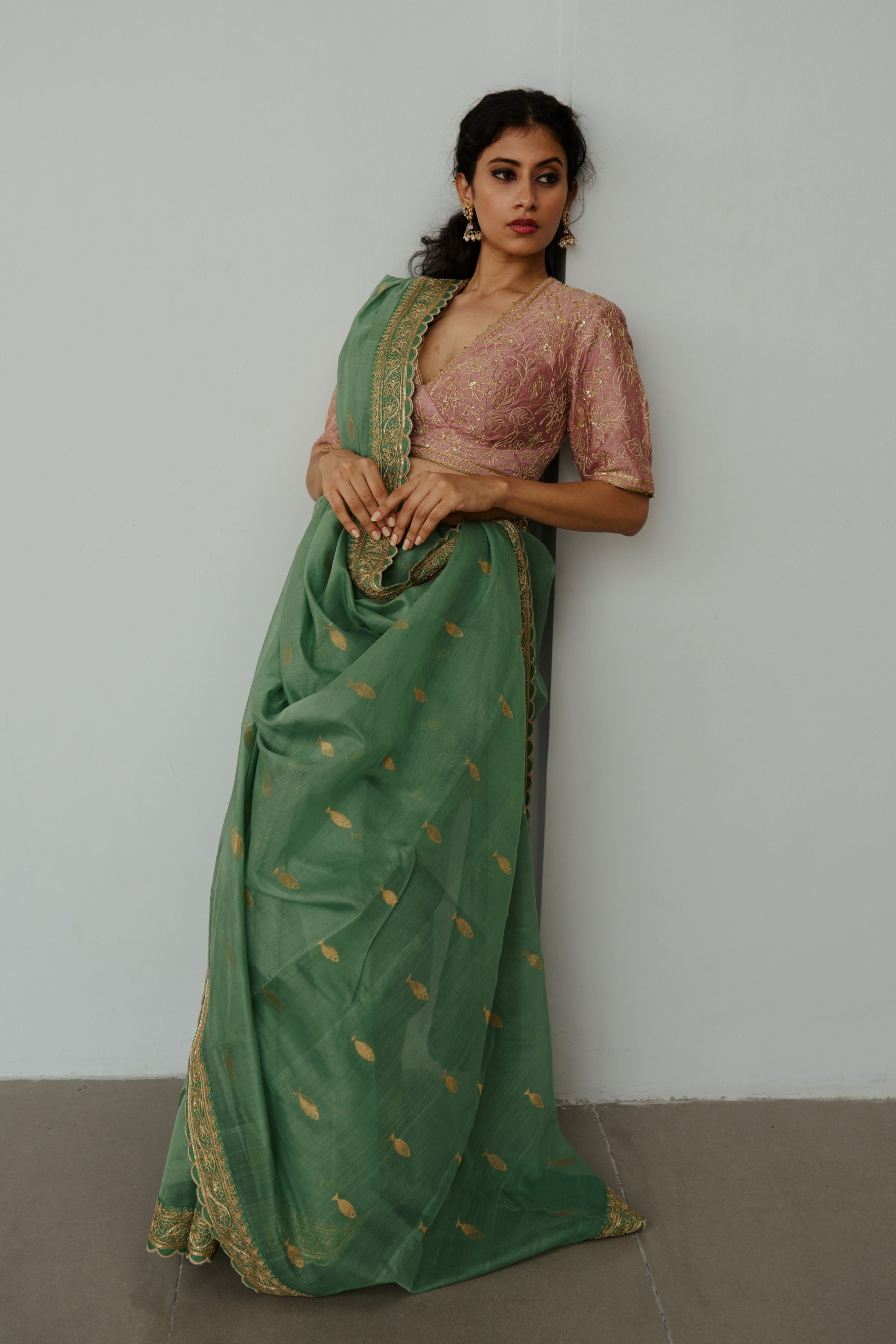 Anchovies Moss Green Saree Set