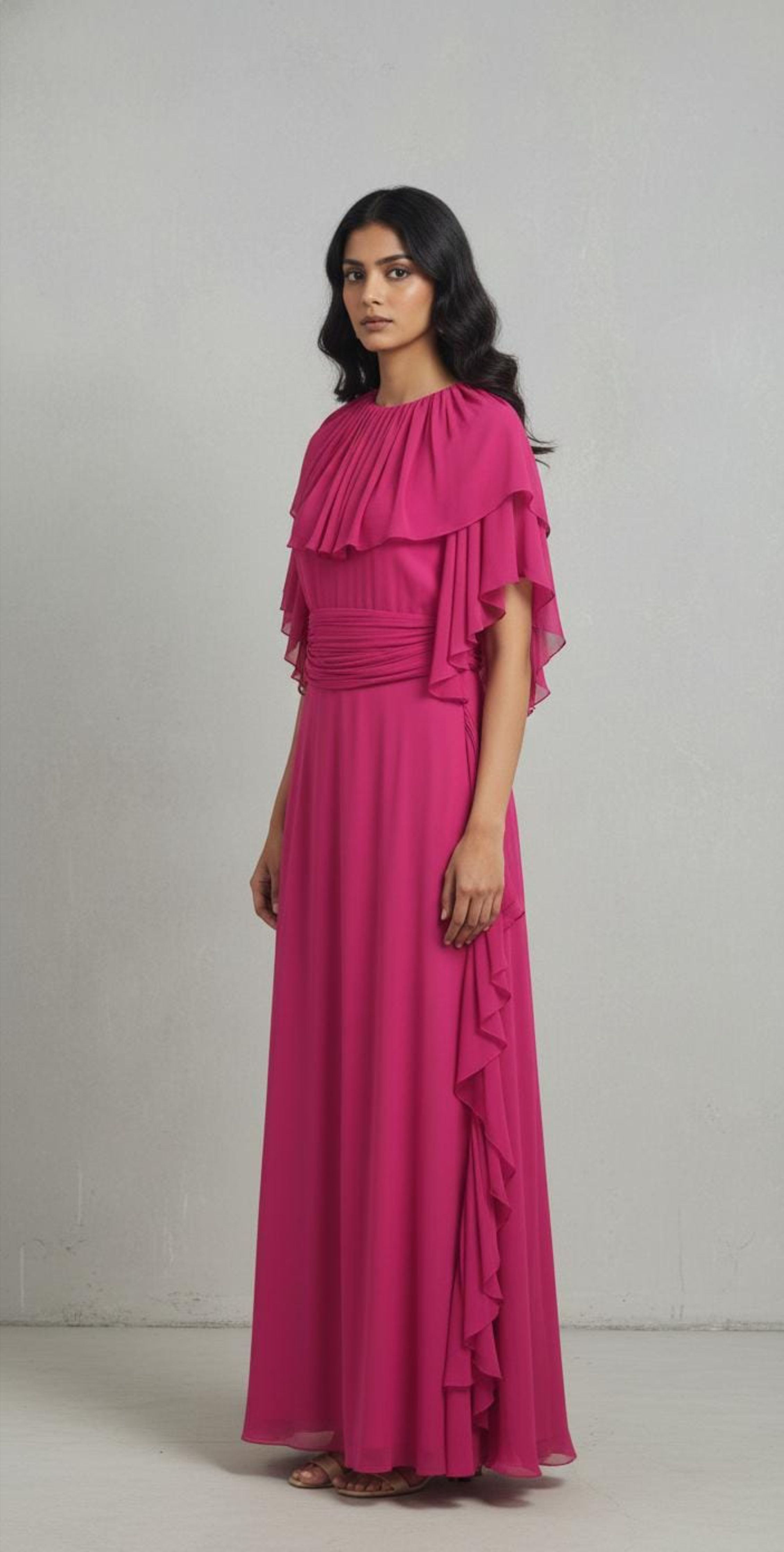 Cape Collar Side Ruffle Detail Gown