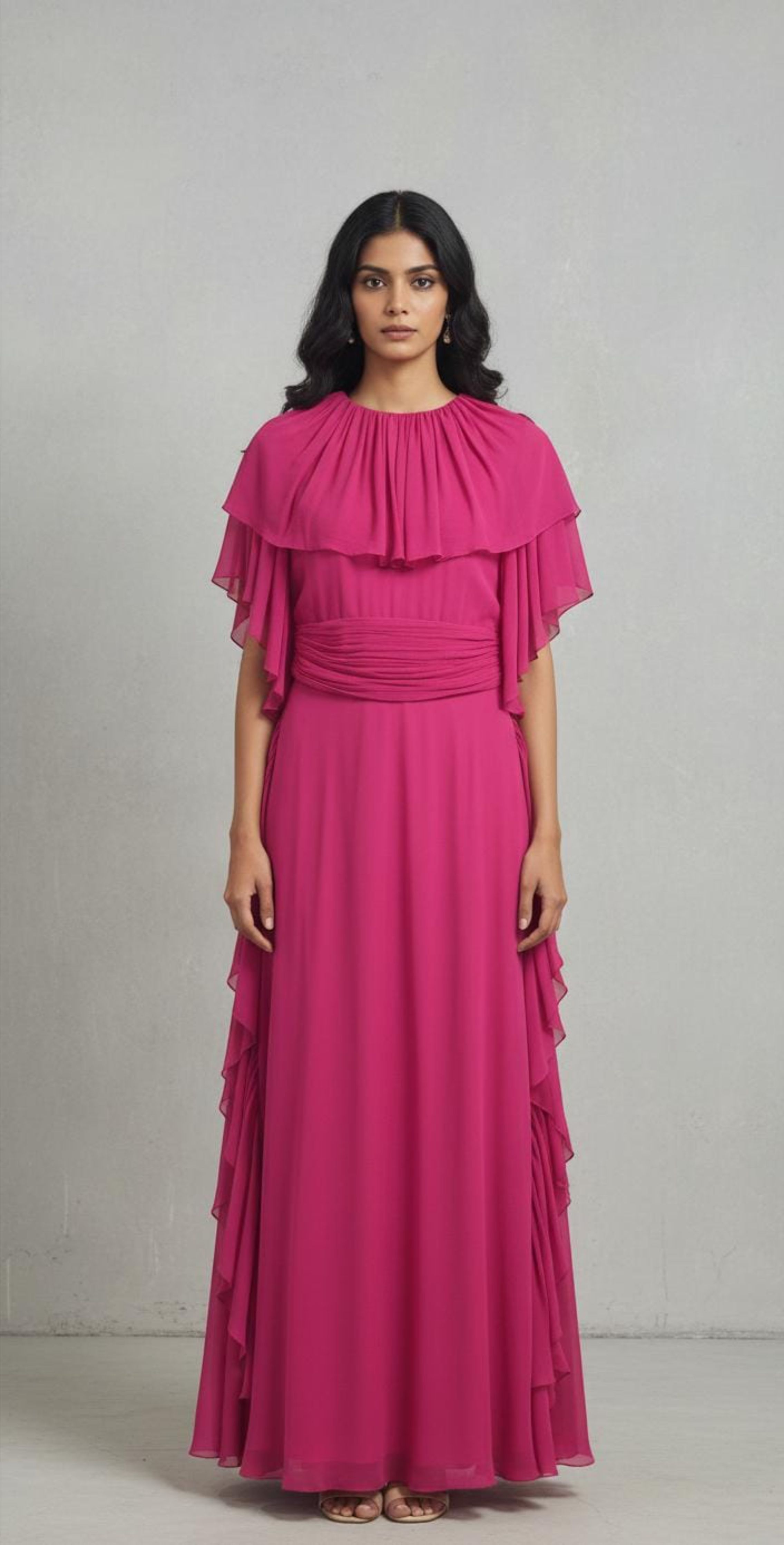 Cape Collar Side Ruffle Detail Gown