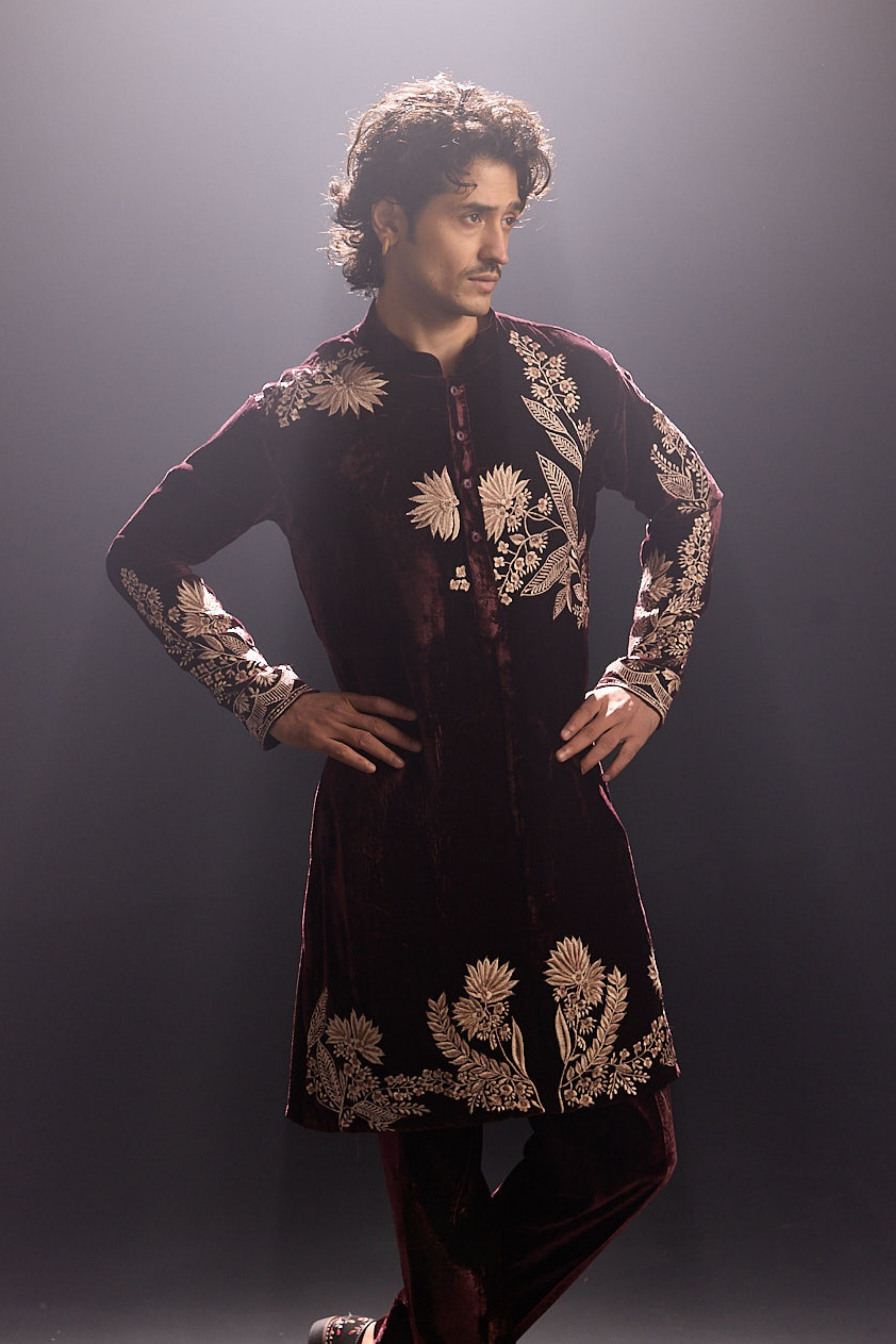 Wine Velvet Kurta Set