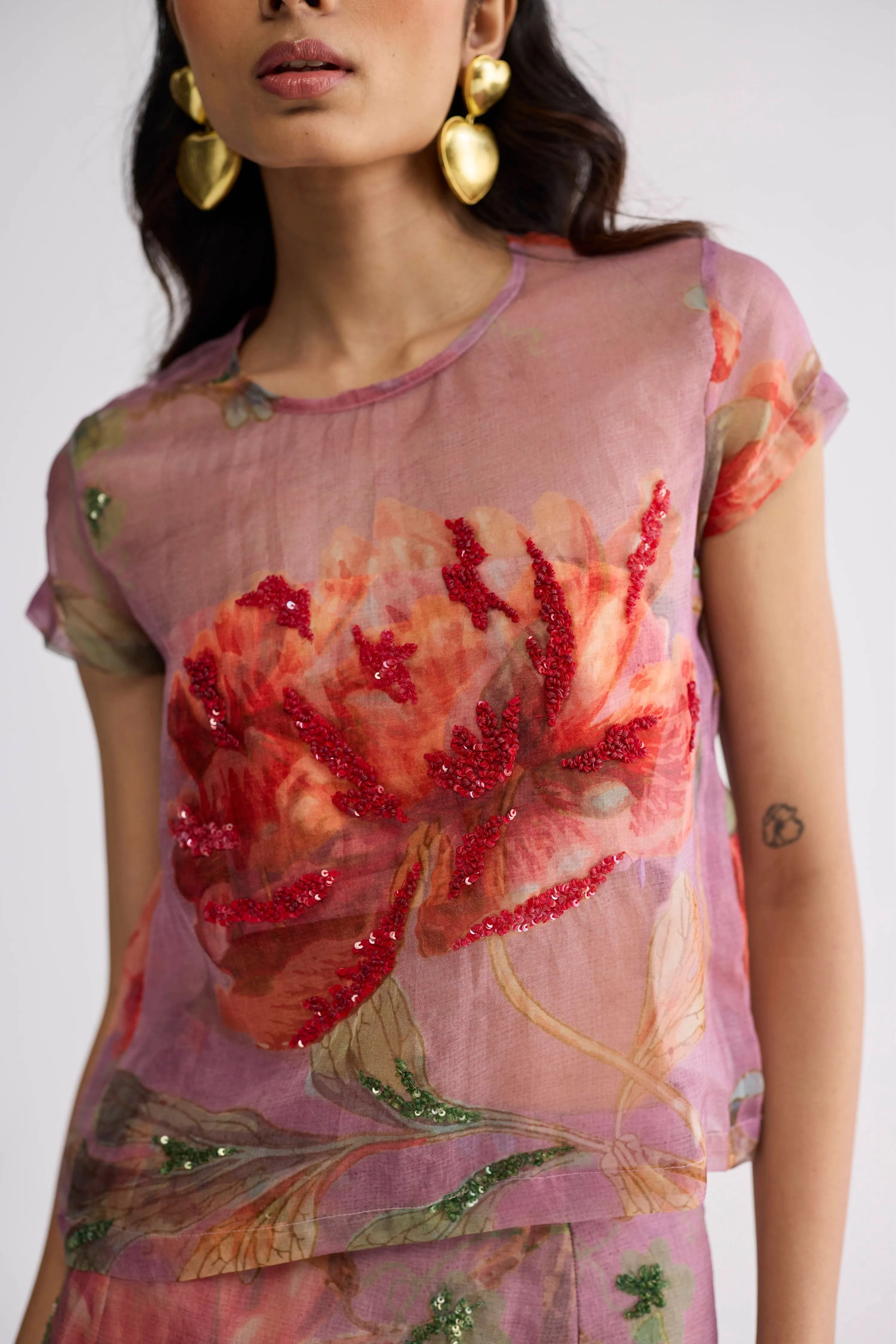 Berry Embroidered Organza Top & Skirt Set