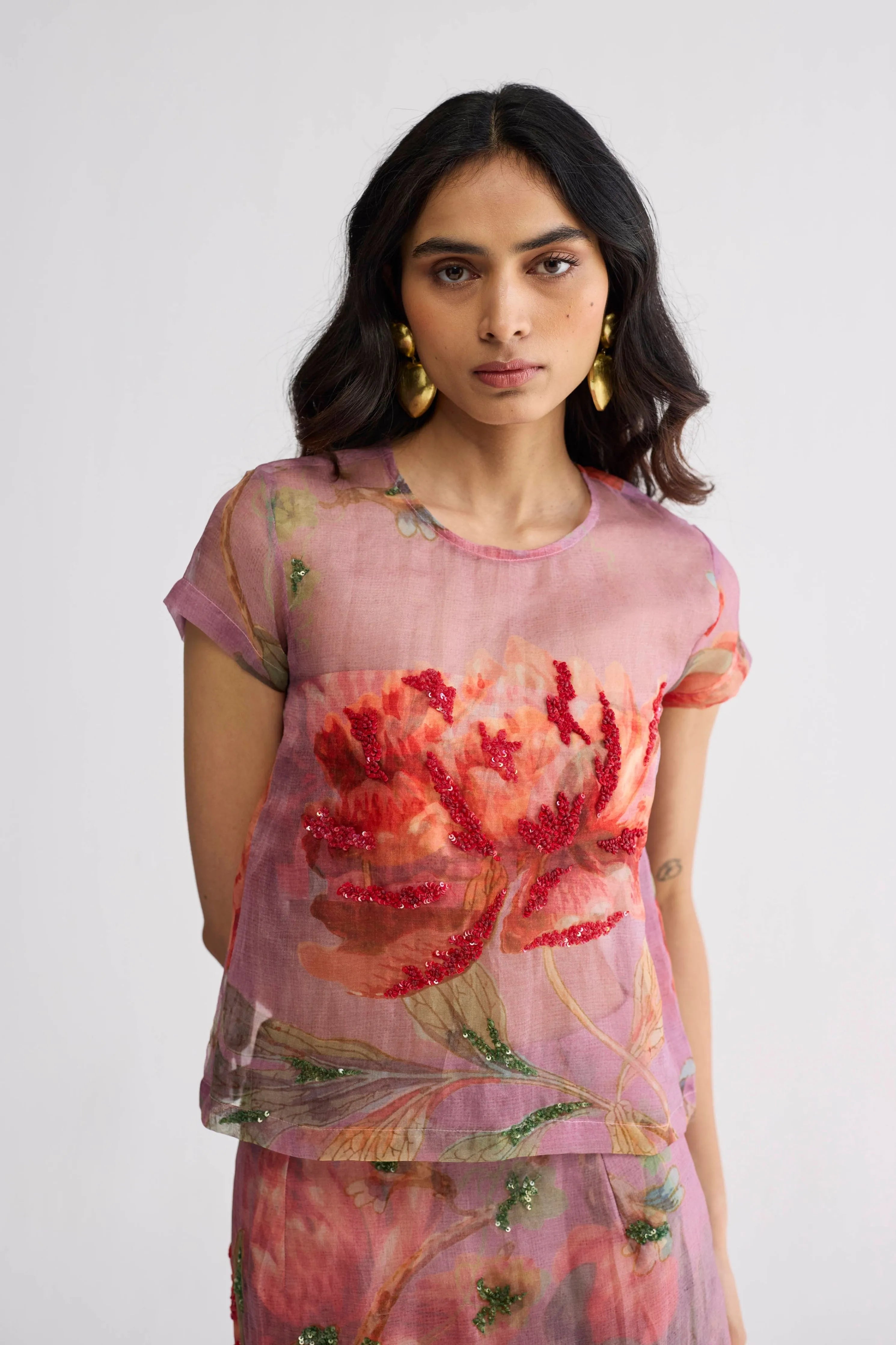 Berry Embroidered Organza Top & Skirt Set