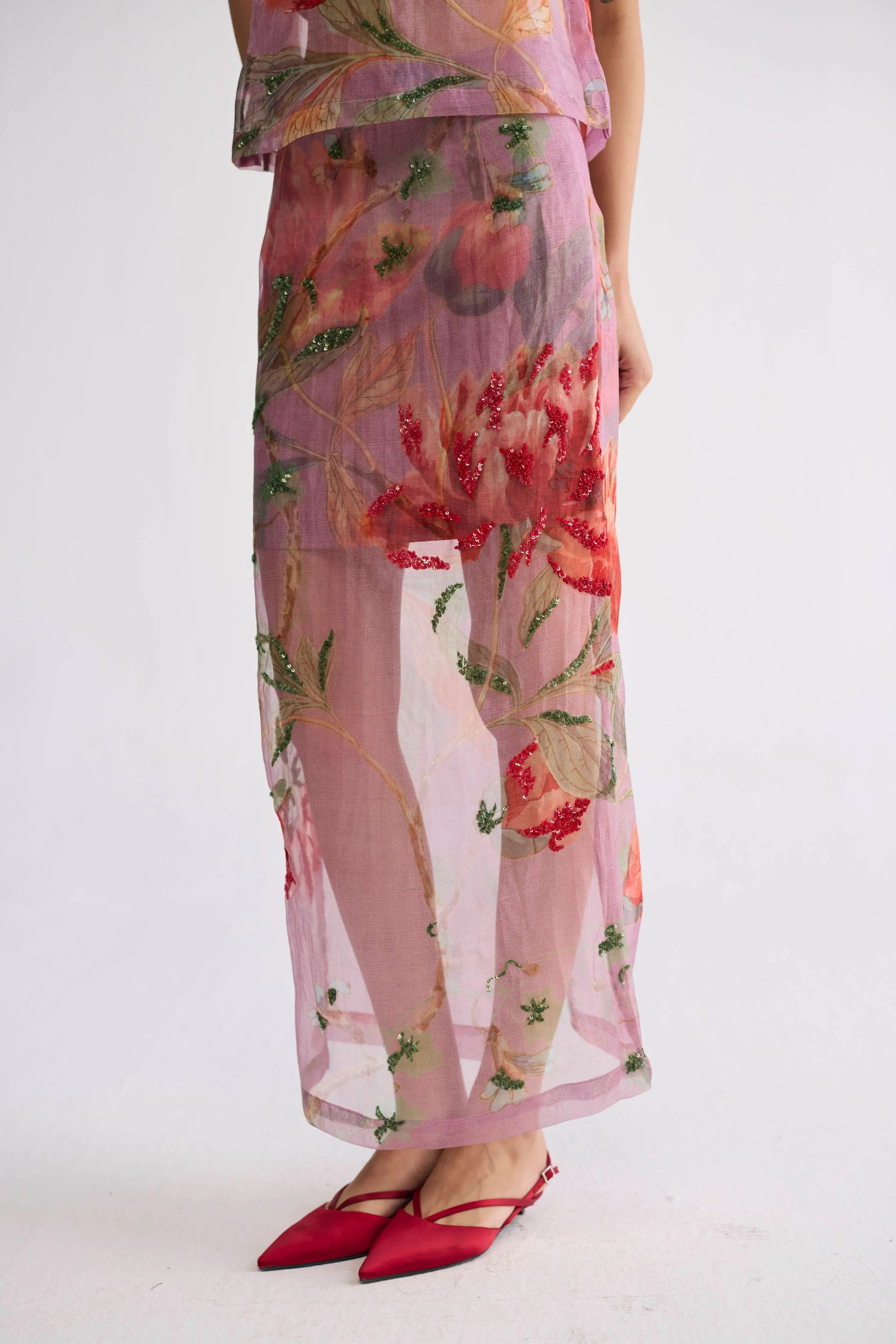 Berry Embroidered Organza Top & Skirt Set