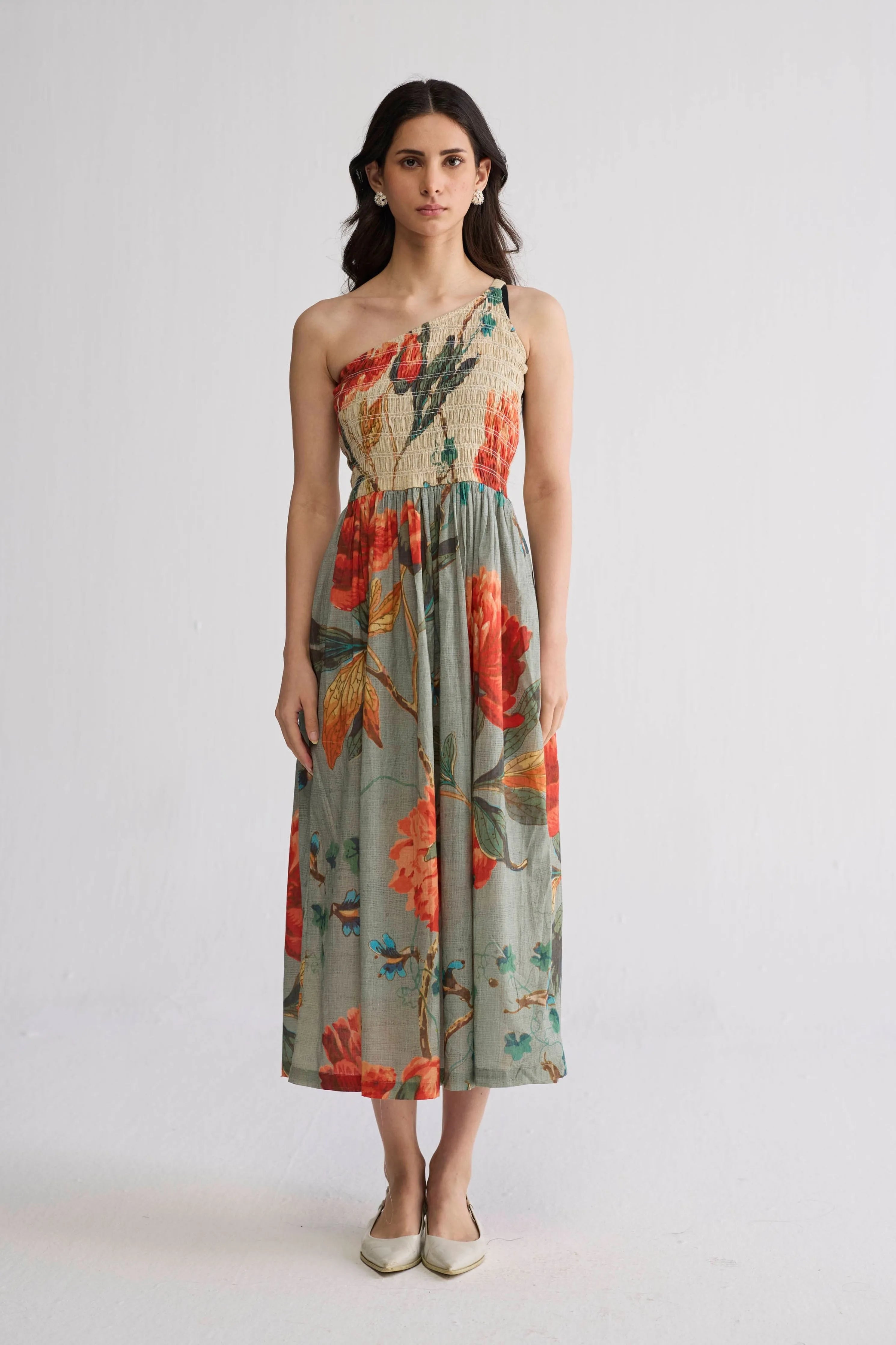 Cabbage Rose Smocked One Shoulder Dress