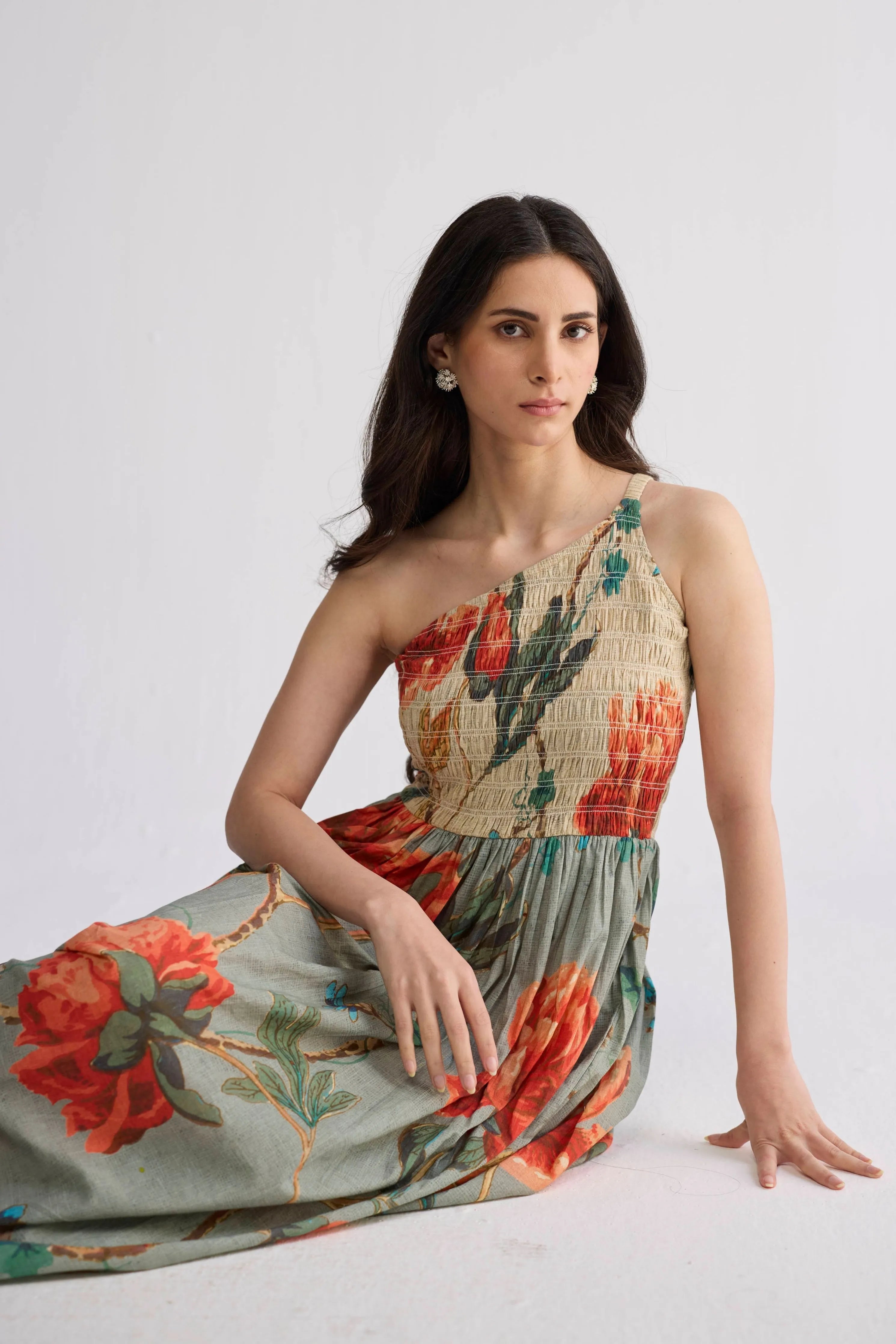 Cabbage Rose Smocked One Shoulder Dress