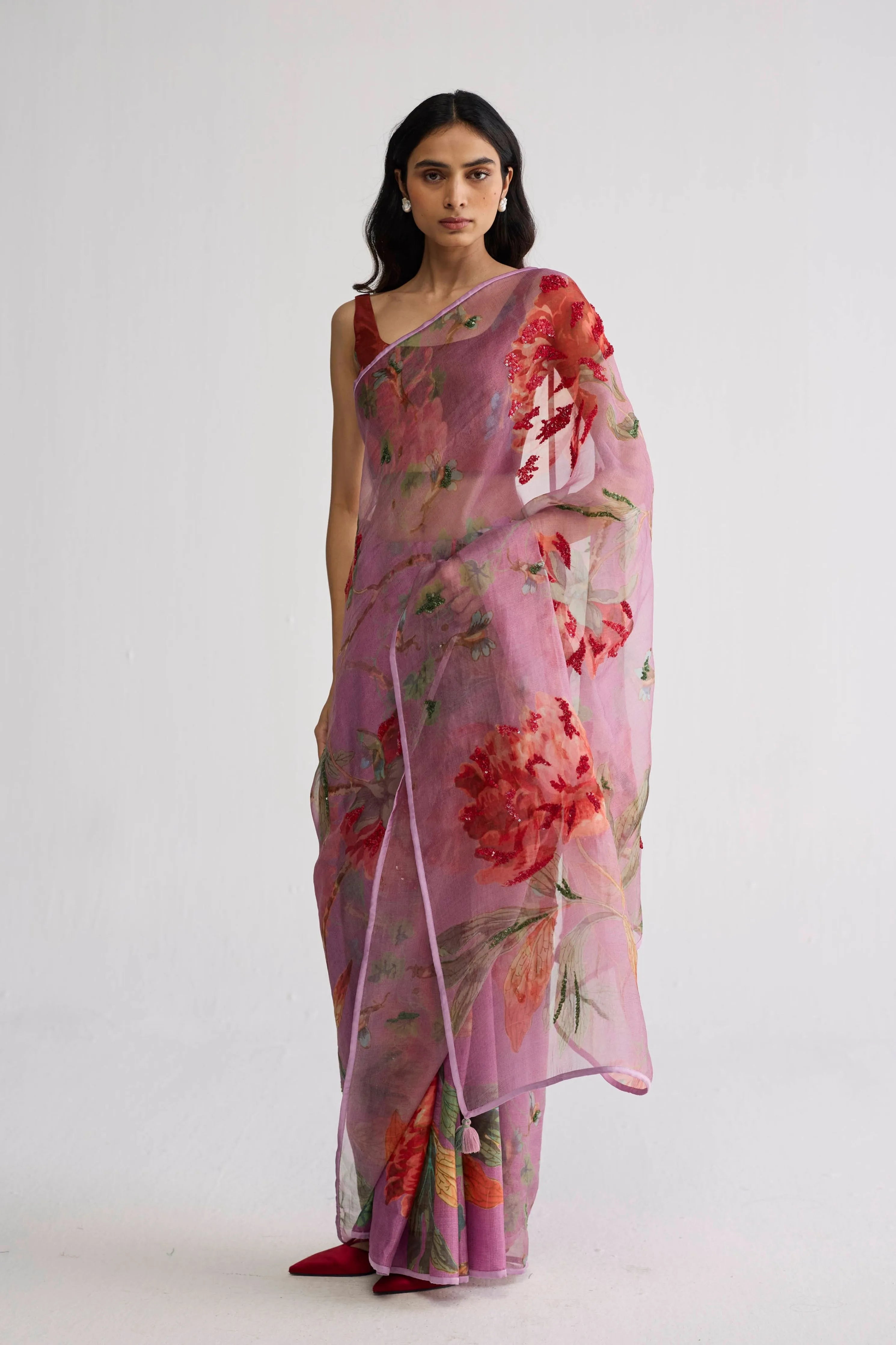 Berry Embroidered Silk & Organza Saree