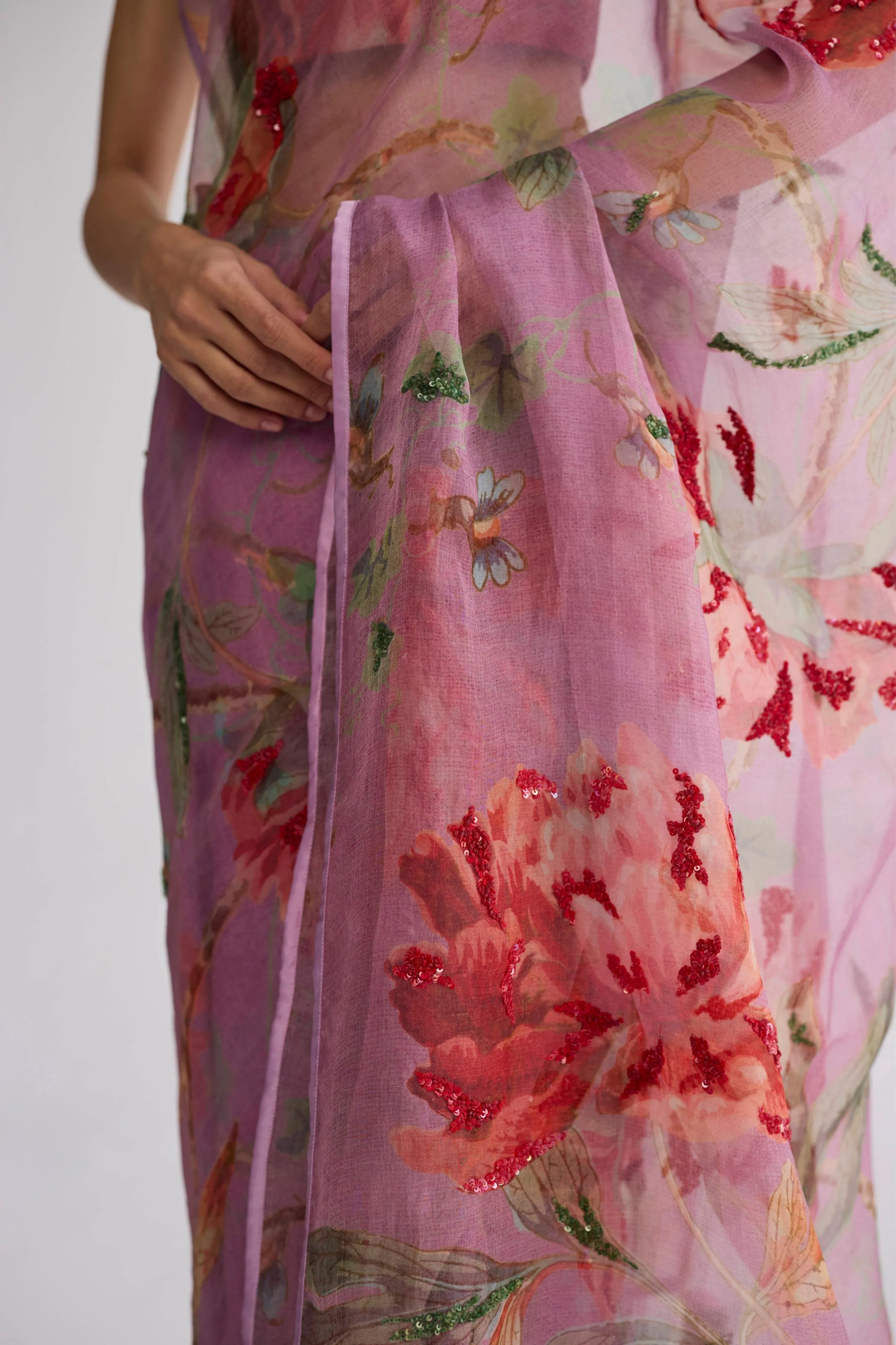 Berry Embroidered Silk & Organza Saree