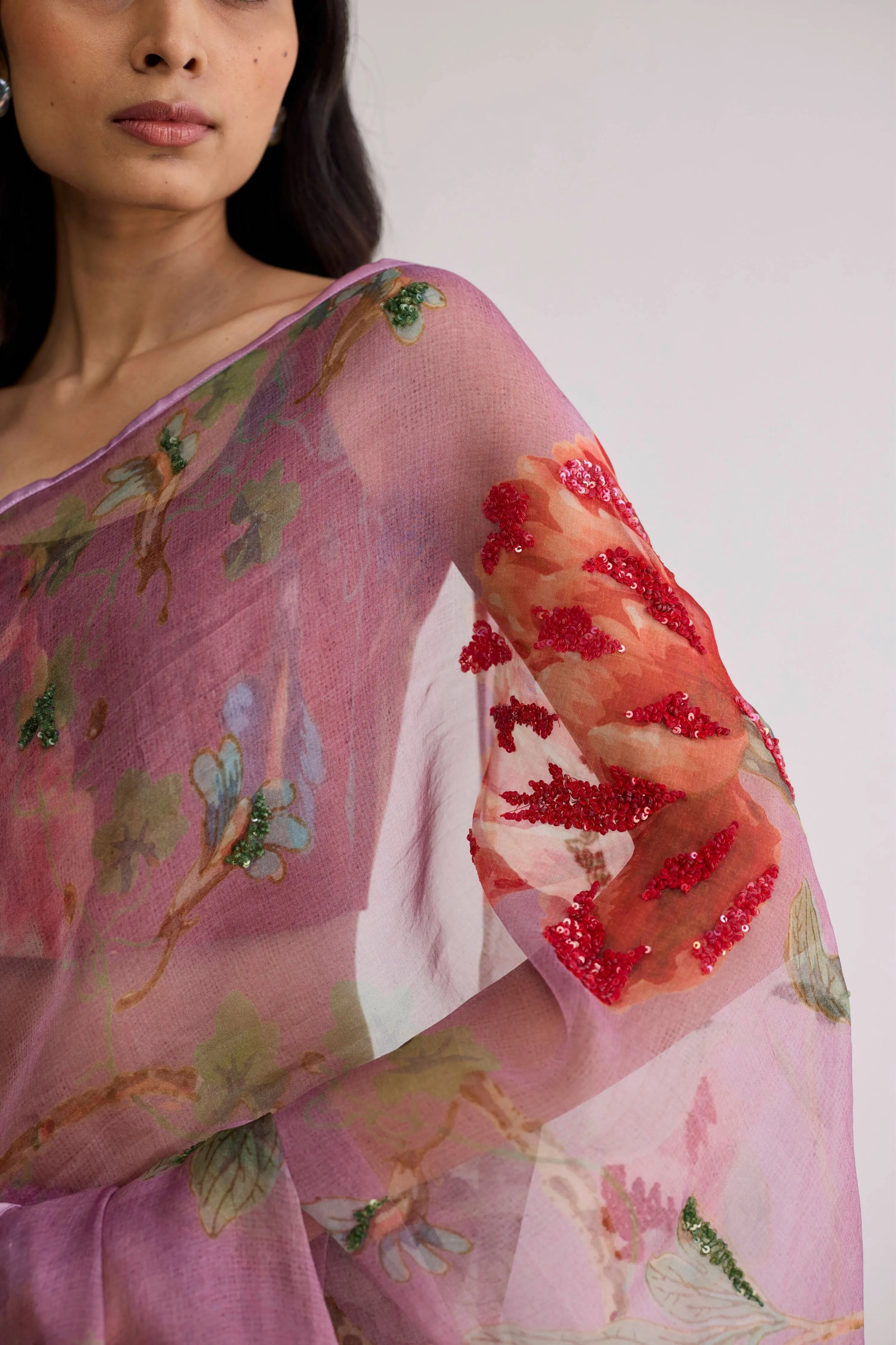 Berry Embroidered Silk & Organza Saree