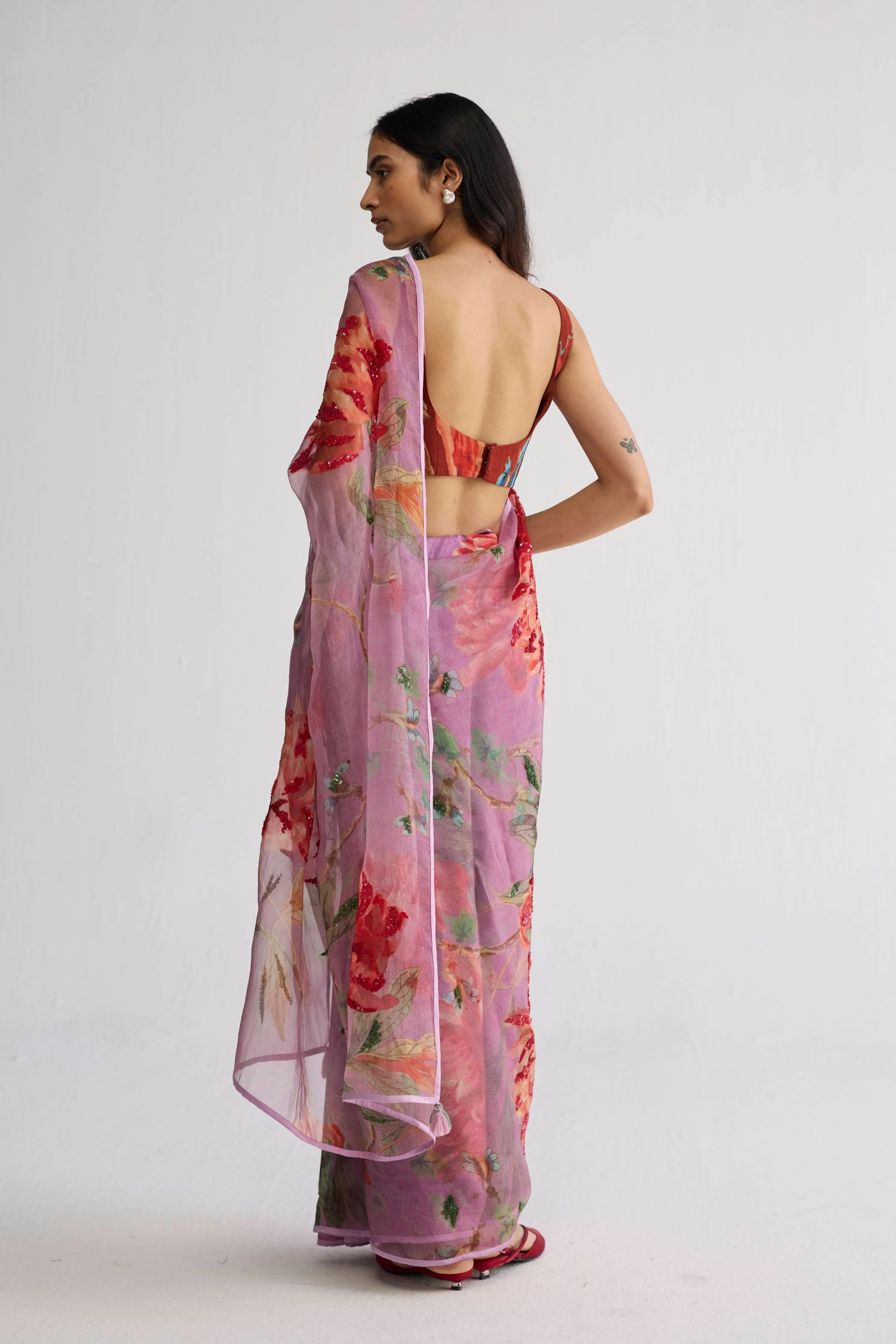 Berry Embroidered Silk & Organza Saree