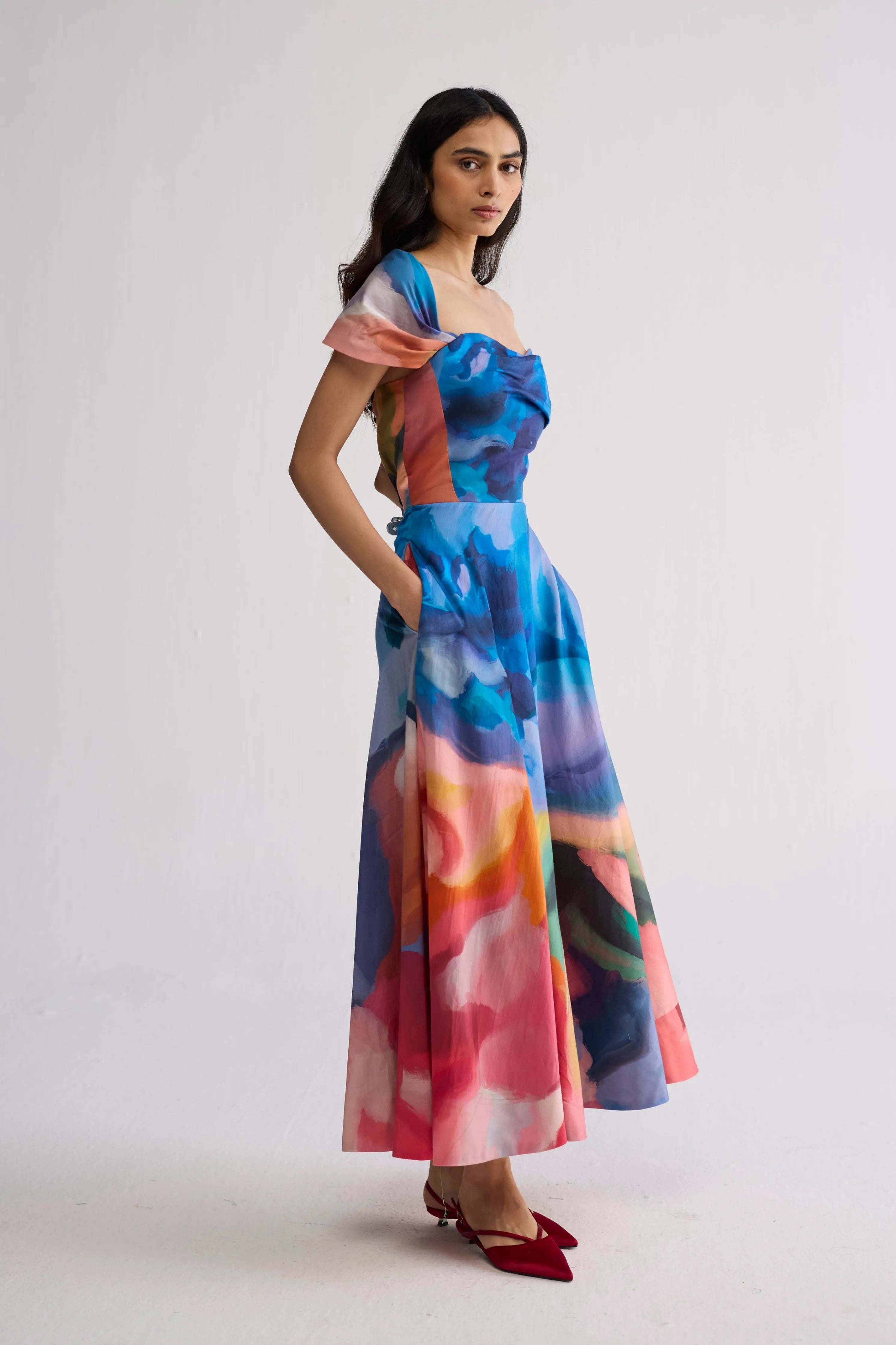 Rainbow Garden Draped Off Shoulder Dress