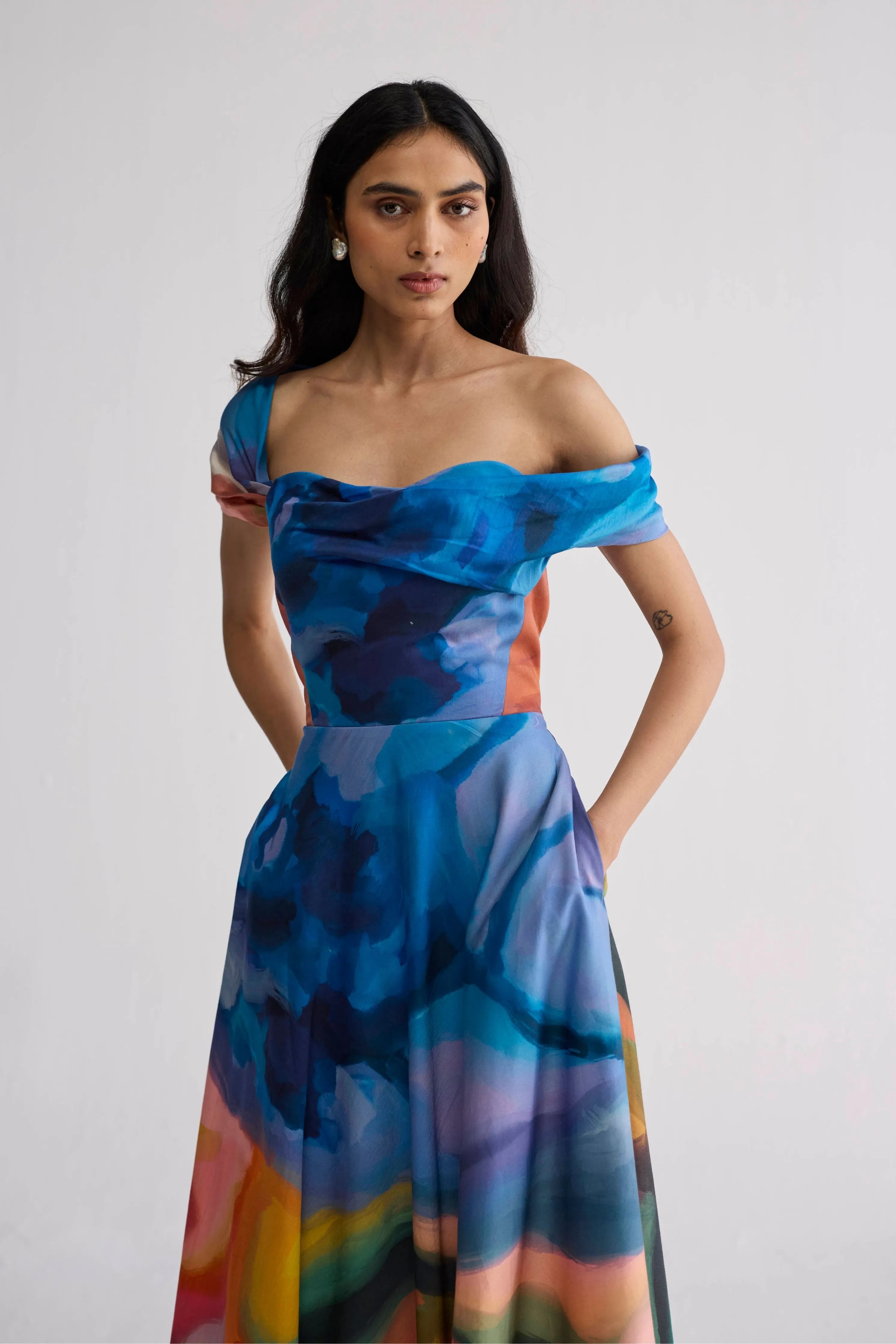 Rainbow Garden Draped Off Shoulder Dress